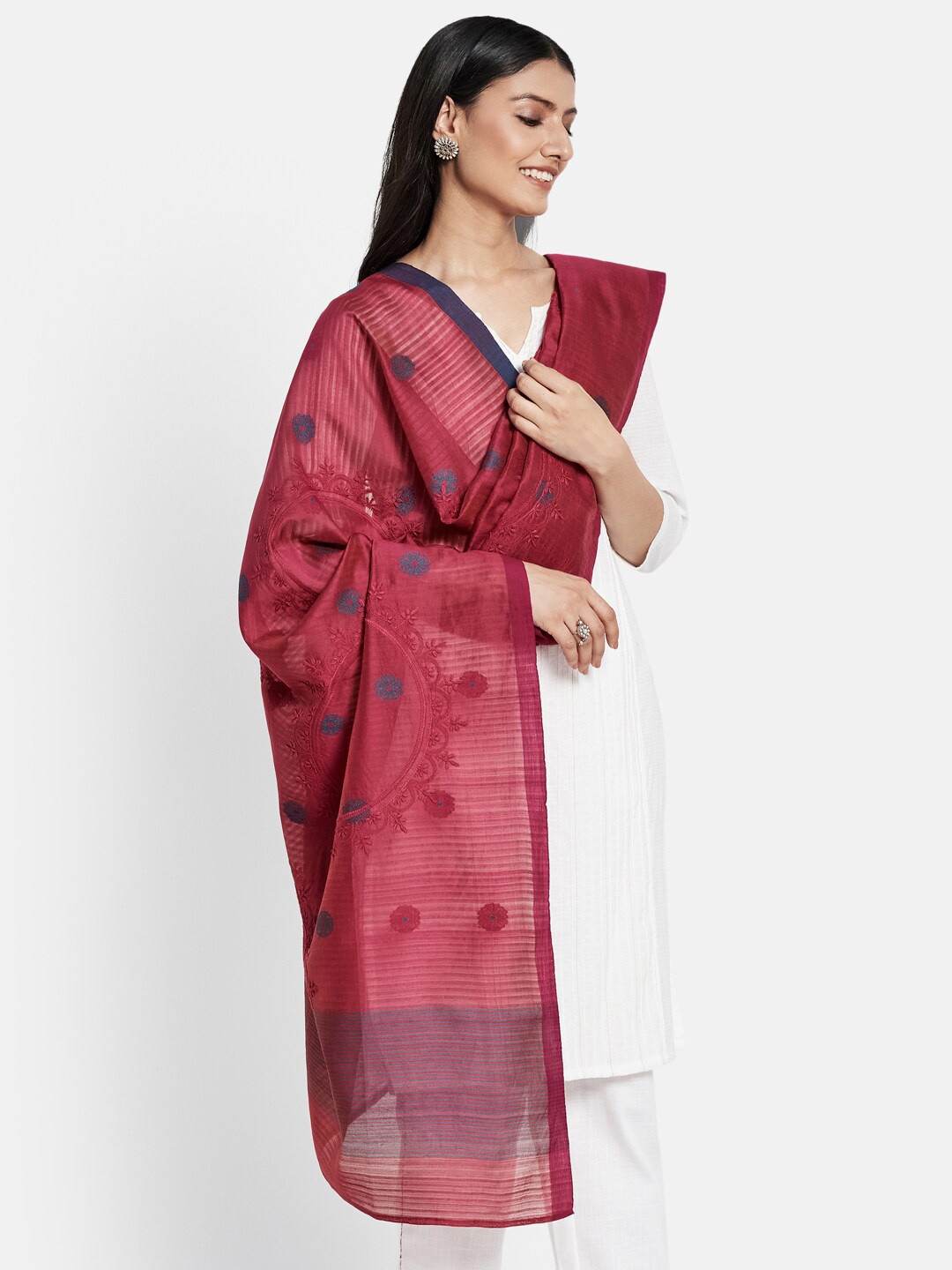 

Fabindia Pink & Blue Embroidered Cotton Silk Dupatta