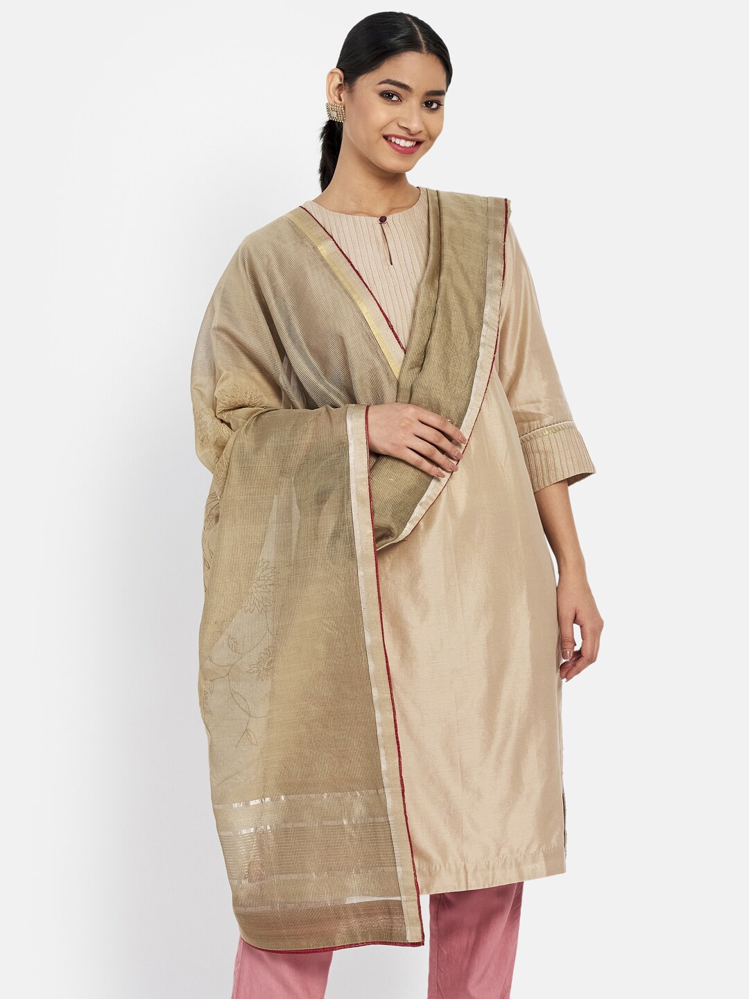

Fabindia Beige & Gold-Toned Embroidered Cotton Silk Dupatta