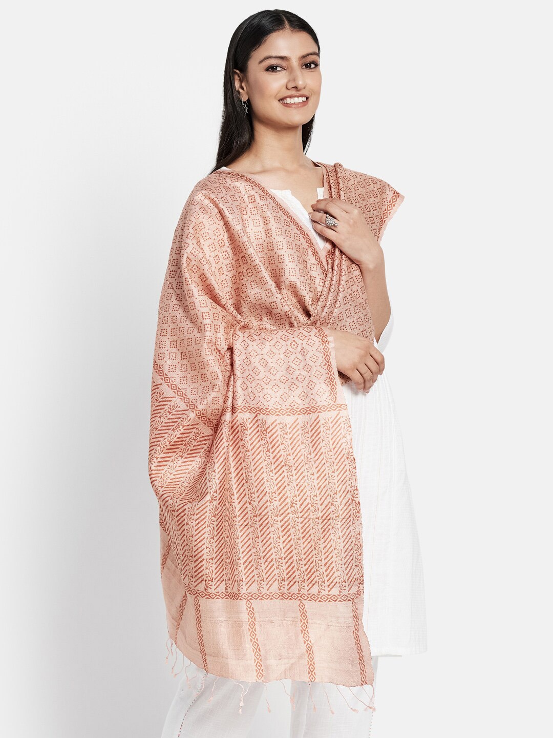 

Fabindia Orange Printed Pure Silk Dupatta