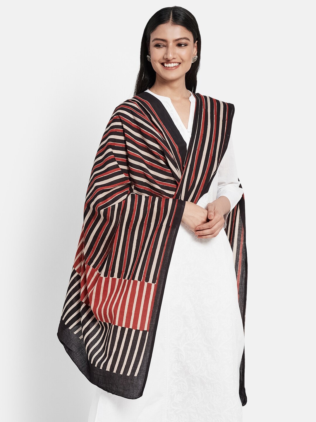 

Fabindia Black & Red Striped Pure Cotton Dupatta