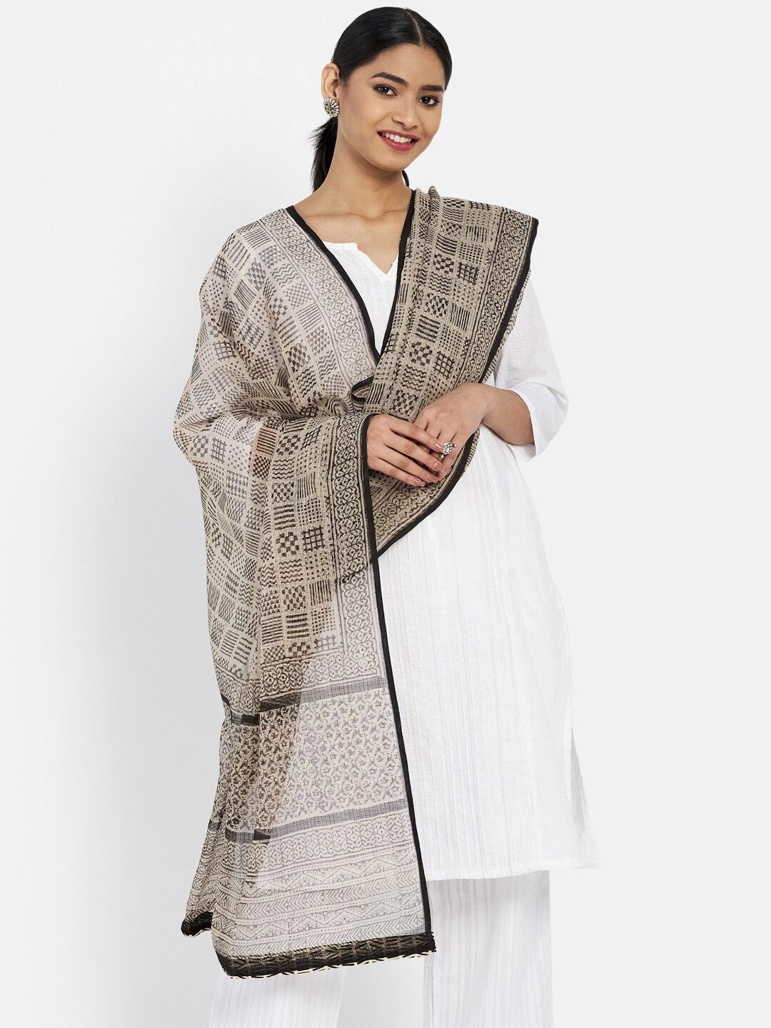 

Fabindia Beige & Black Printed Cotton Silk Dupatta