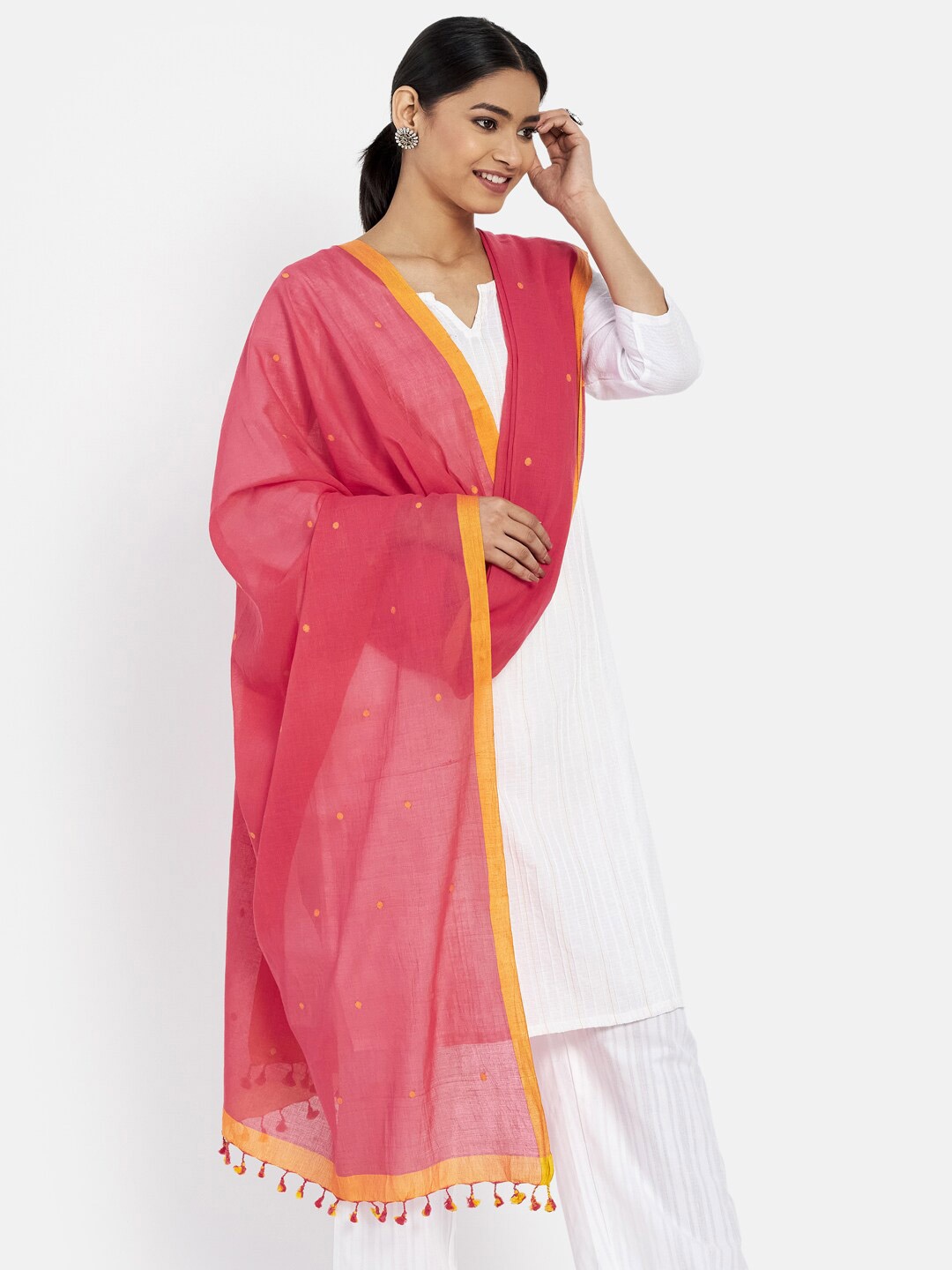 

Fabindia Pink & Gold-Toned Woven Design Pure Cotton Dupatta