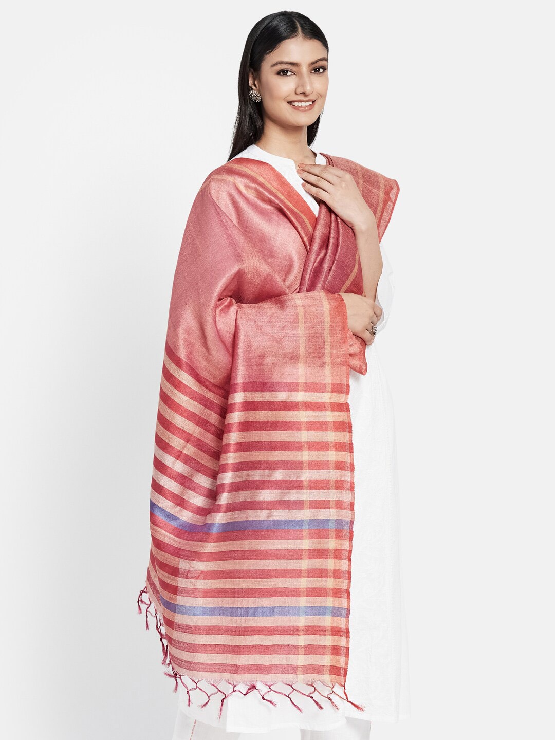 

Fabindia Pink & Lavender Woven Design Pure Silk Dupatta