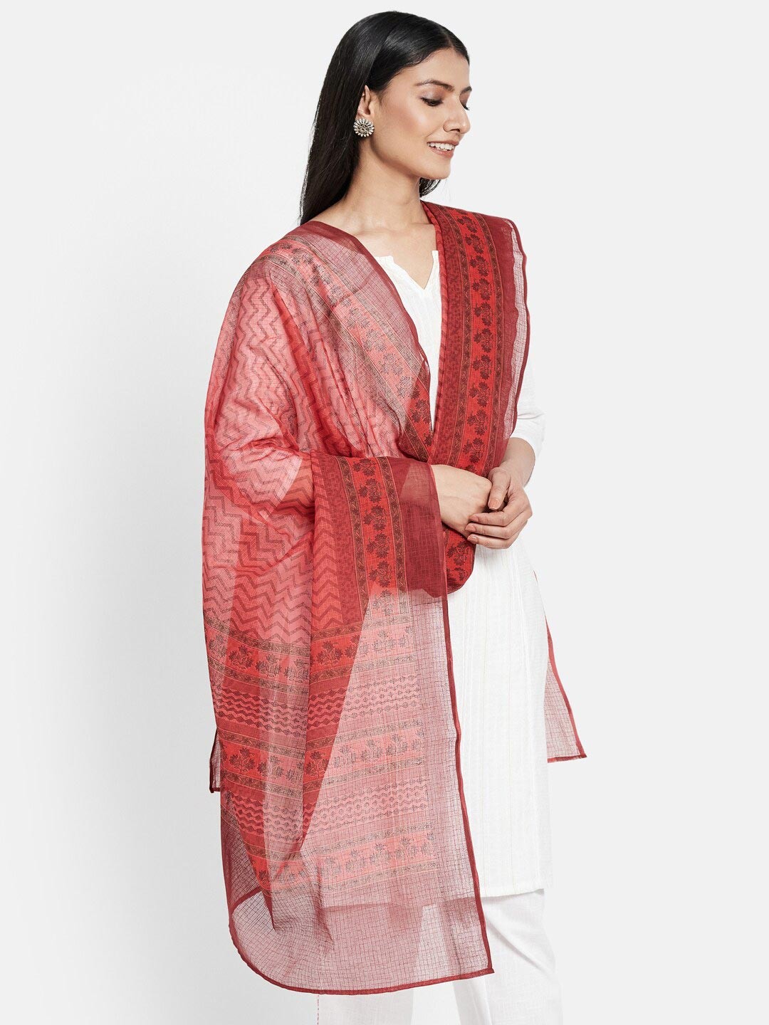 

Fabindia Red Printed Cotton Silk Dupatta