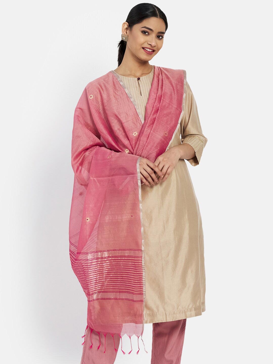 

Fabindia Pink & Silver-Toned Woven Design Cotton Silk Dupatta