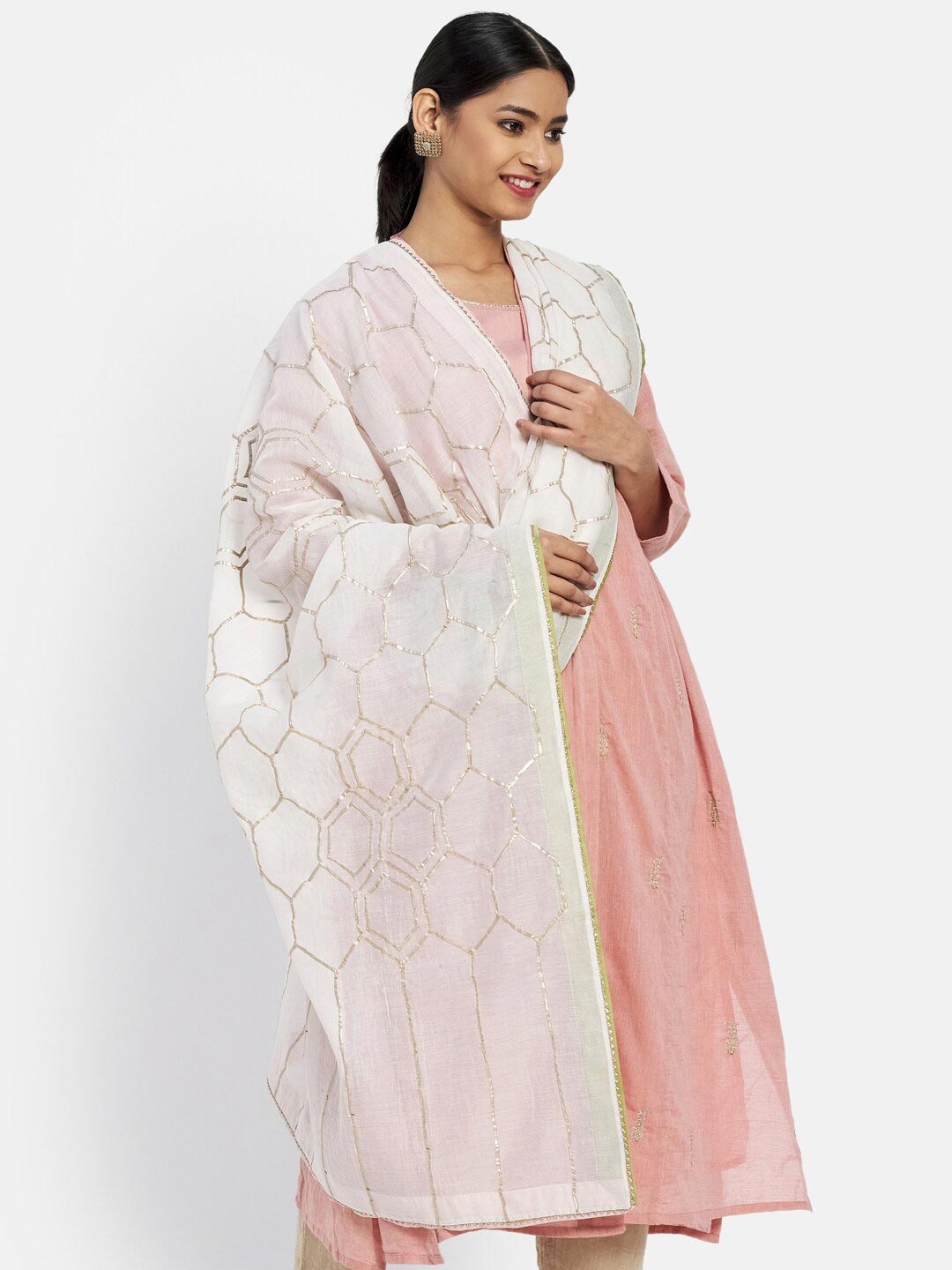 

Fabindia Off White & Gold-Toned Embroidered Cotton Silk Dupatta