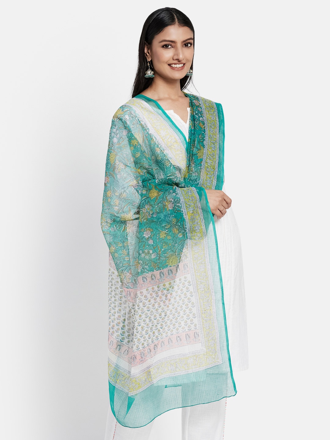 

Fabindia Green & Yellow Printed Cotton Silk Dupatta