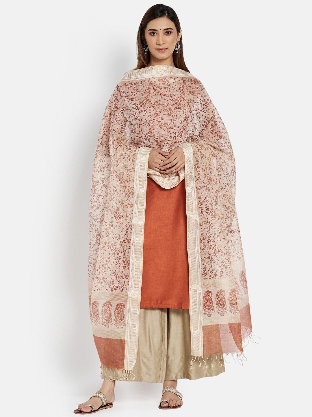 

Fabindia Pink & White Woven Design Cotton Silk Dupatta
