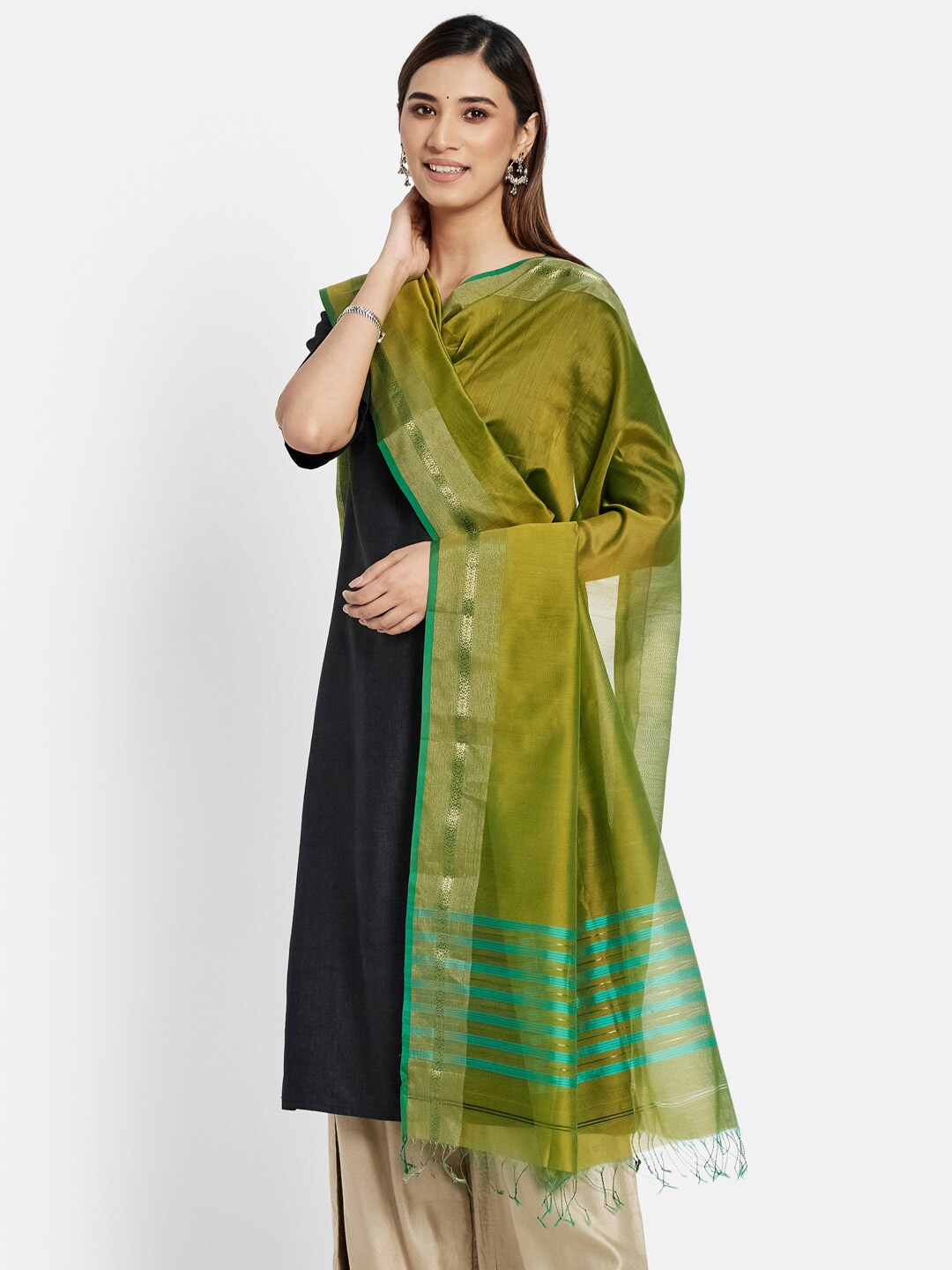 

Fabindia Green & Blue Woven Design Cotton Silk Dupatta