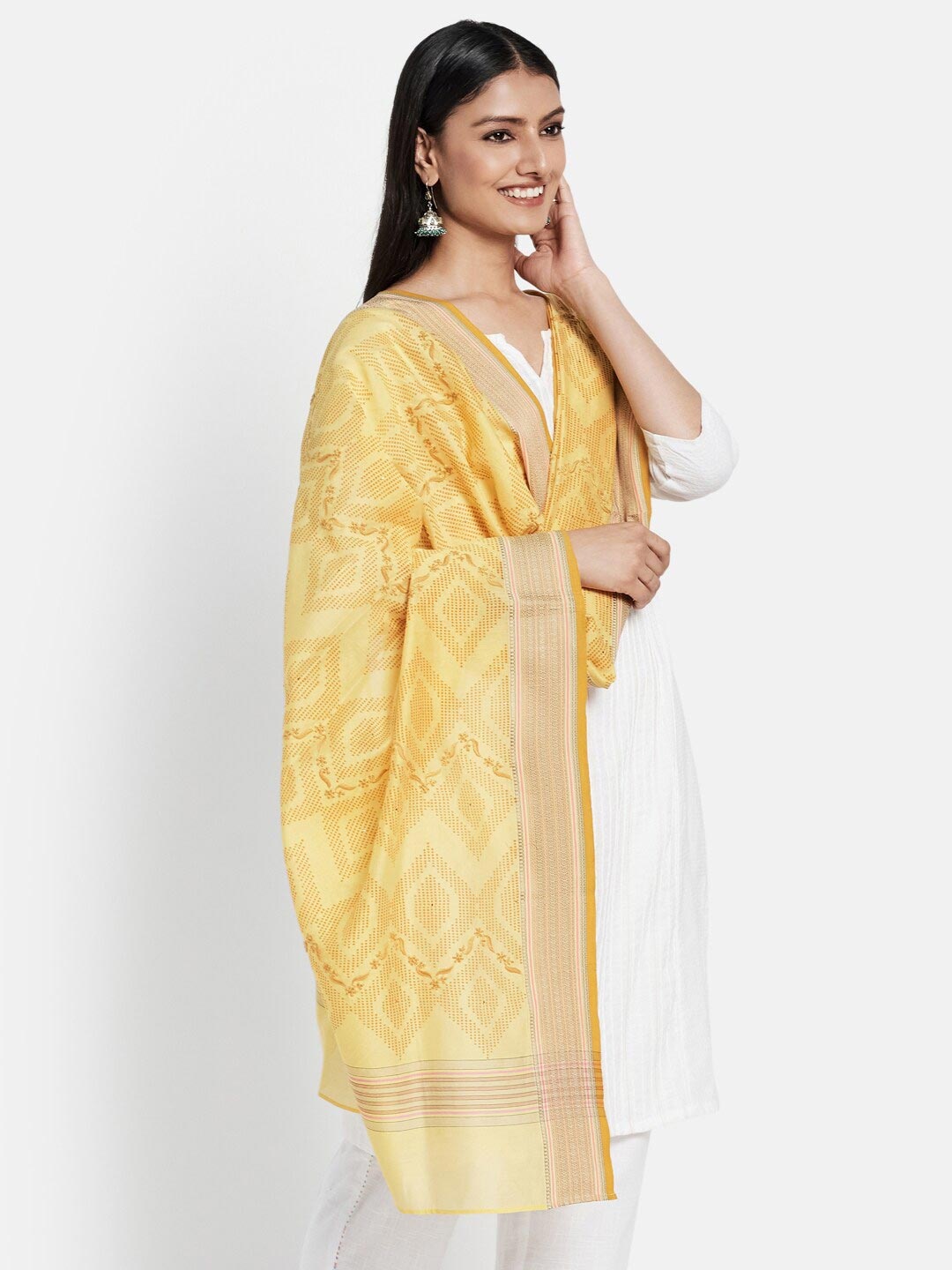 

Fabindia Yellow & Gold-Toned Embroidered Cotton Silk Dupatta