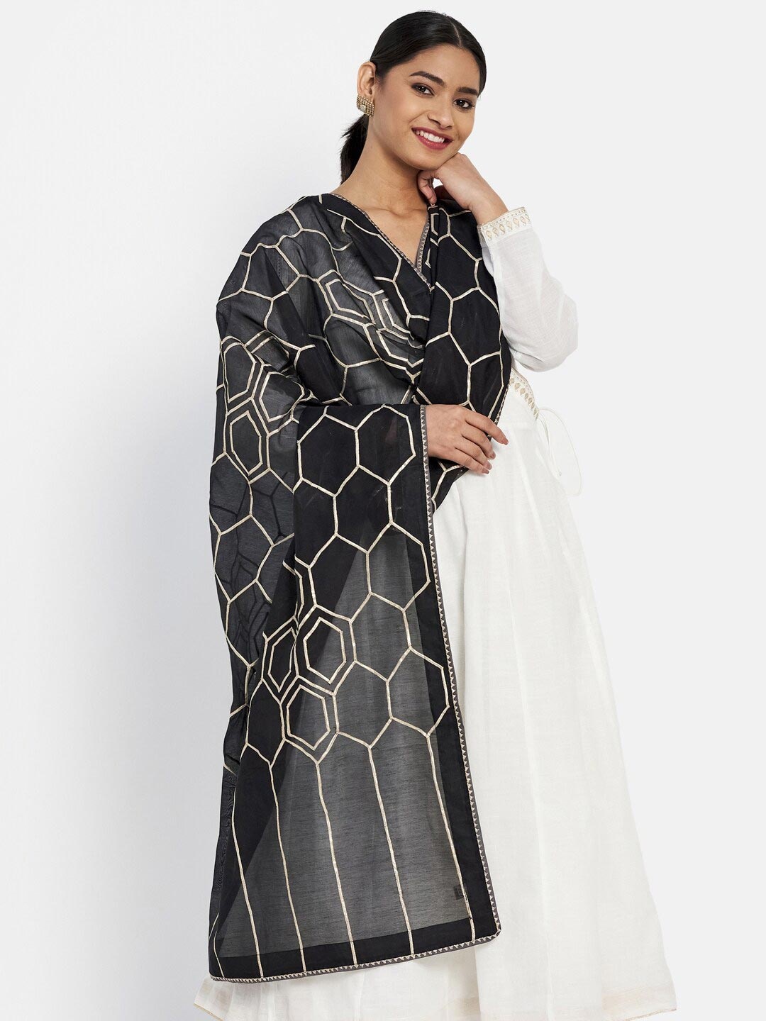 

Fabindia Black & Gold-Toned Embroidered Cotton Silk Dupatta