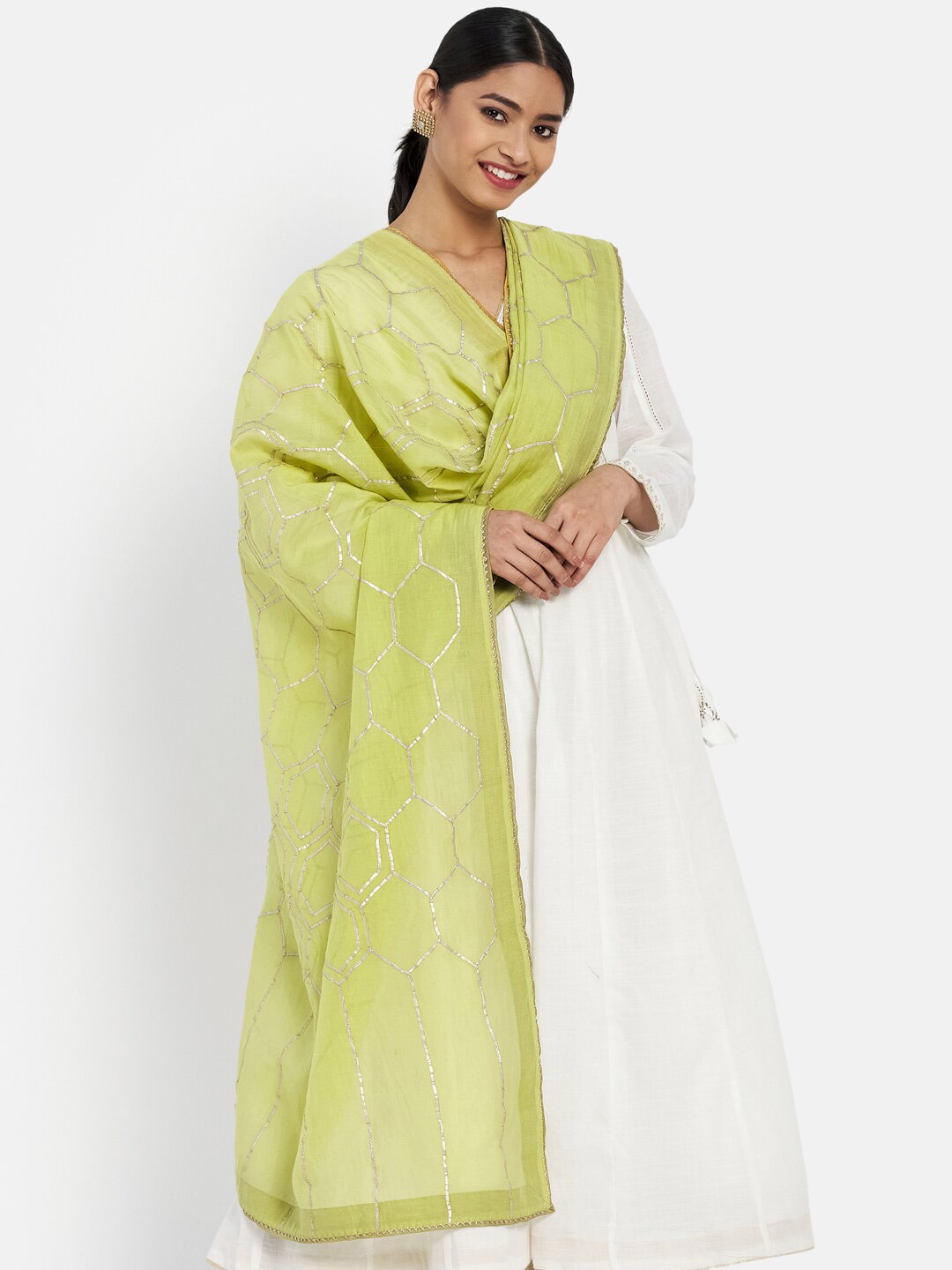 

Fabindia Green & Gold-Toned Embroidered Cotton Silk Dupatta
