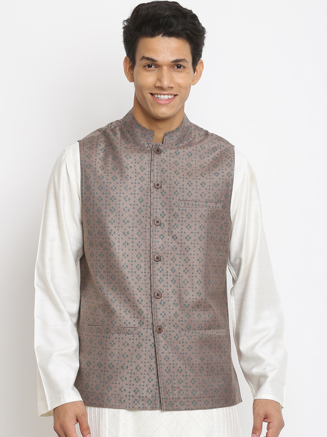 

Fabindia Men Grey Printed Woven Nehru Jackets