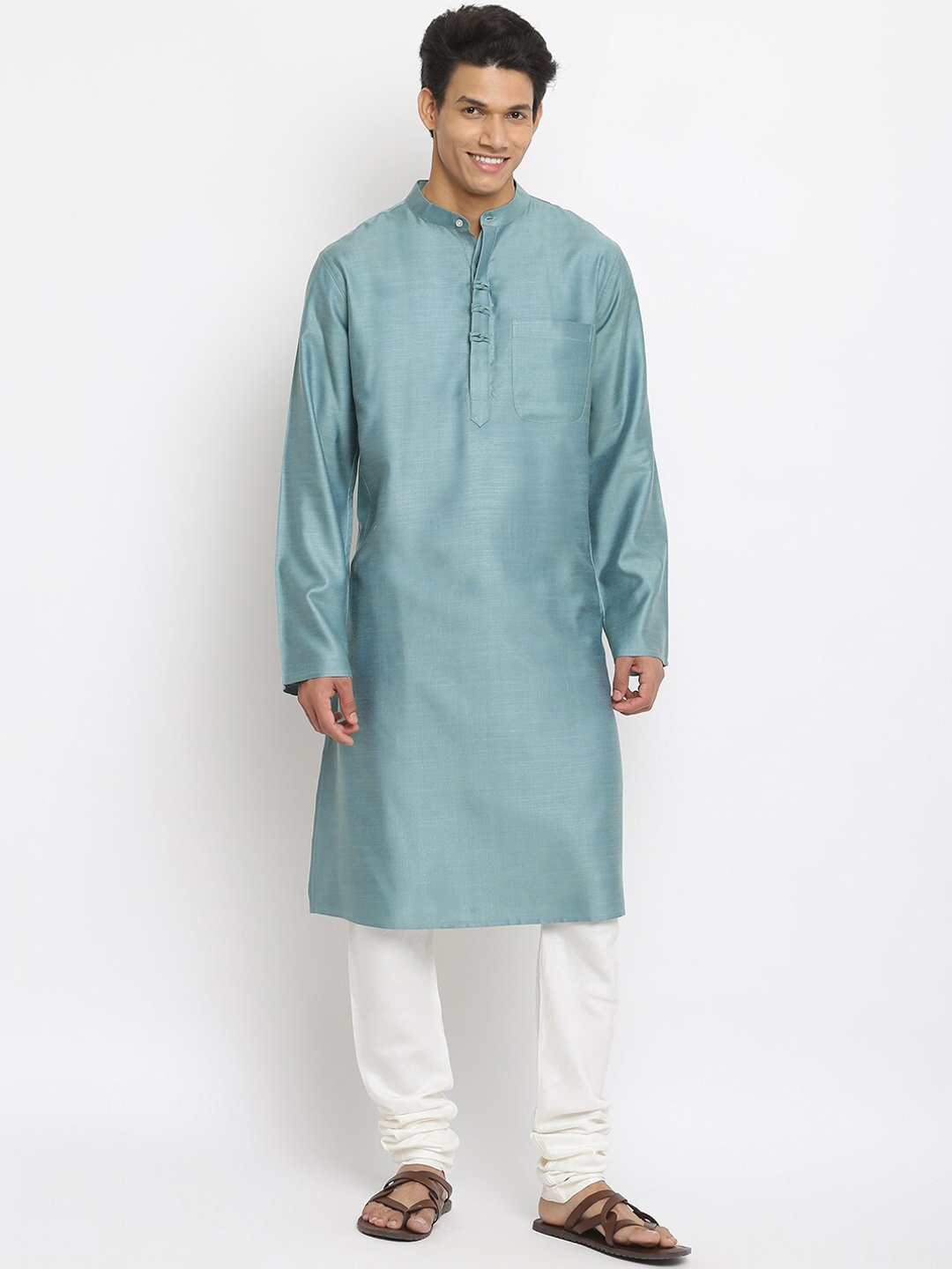 

Fabindia Men Green Solid Mandarin Collar Kurta