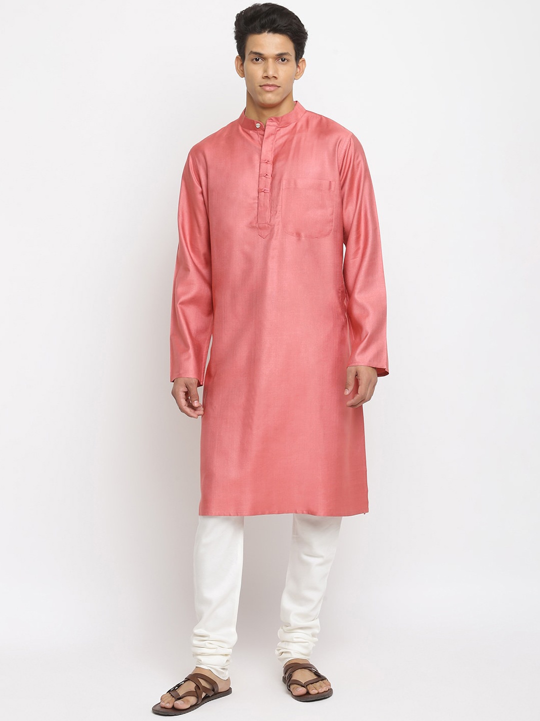 

Fabindia Men Pink Solid Mandarin collar Kurta