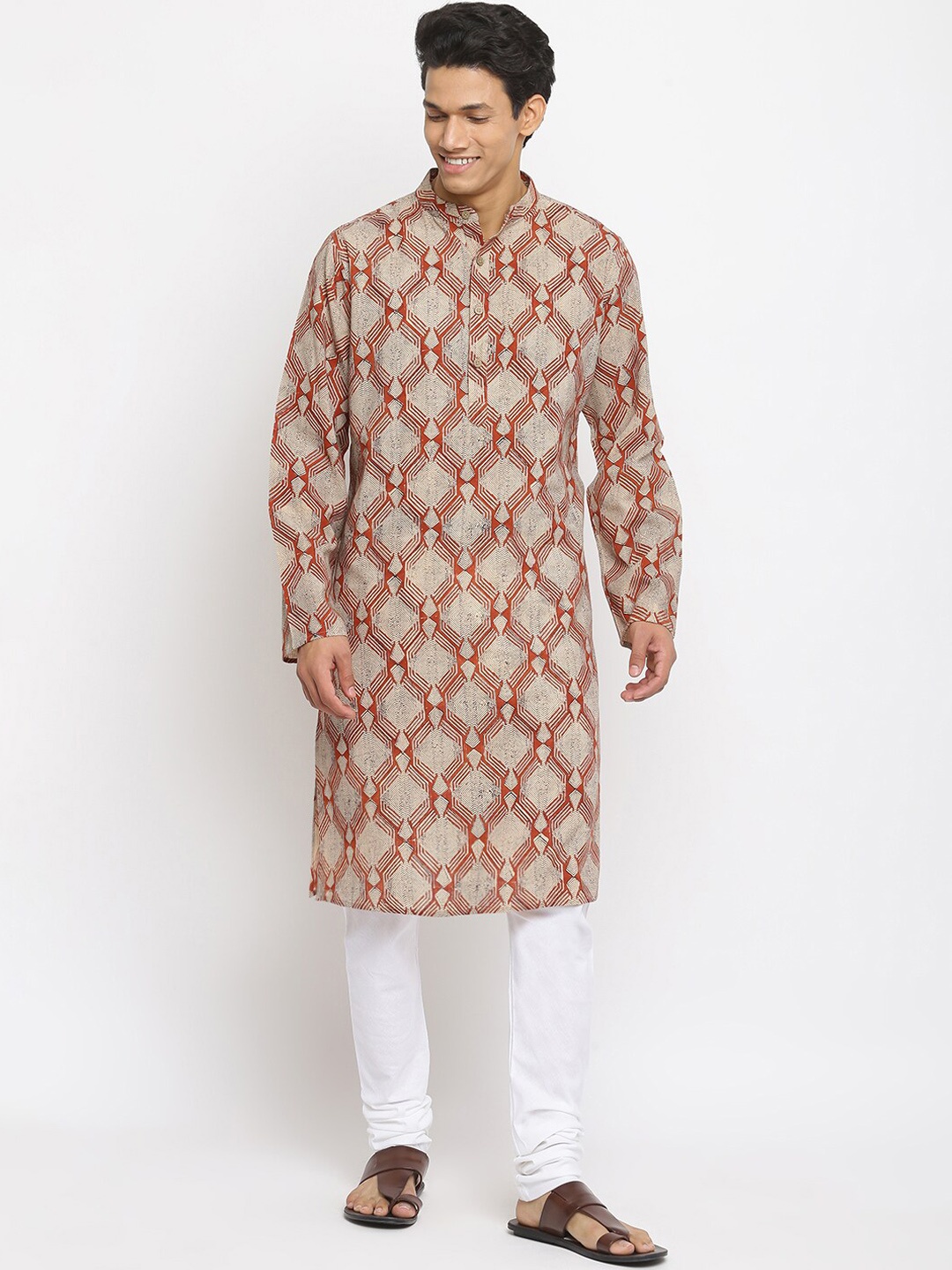 Fabindia Men Beige & Orange Geometric Printed Cotton Kurta
