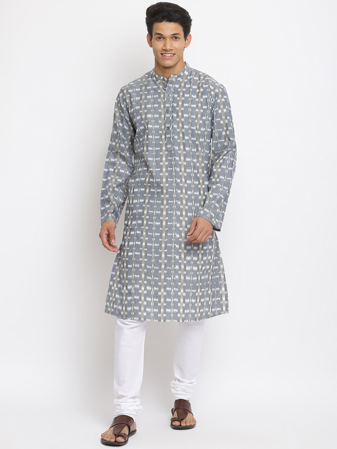 

Fabindia Men Grey Geometric Checked Kurta