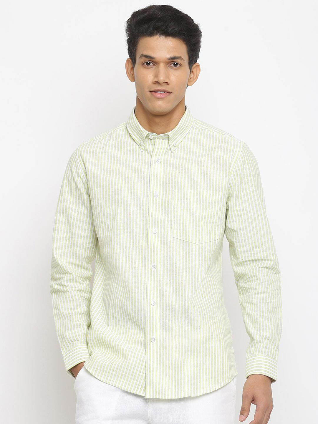 

Fabindia Men Green Slim Fit Striped Casual Shirt