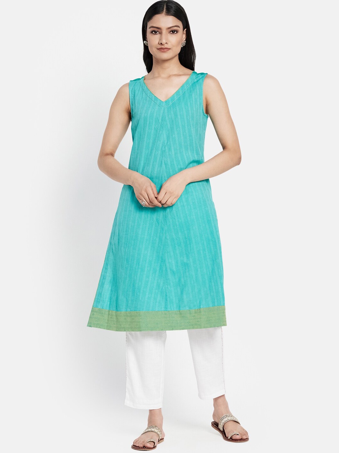 

Fabindia Women Green Striped Thread Work Kurta