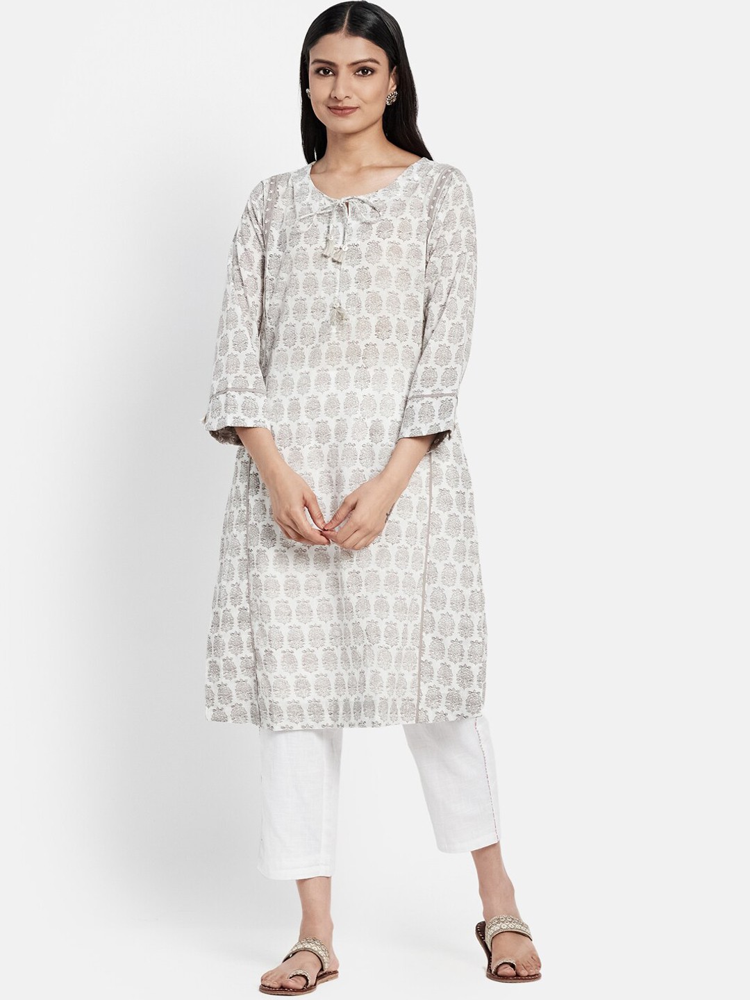 

Fabindia Women White Ethnic Motifs Printed Keyhole Neck Flared Sleeves Kurta