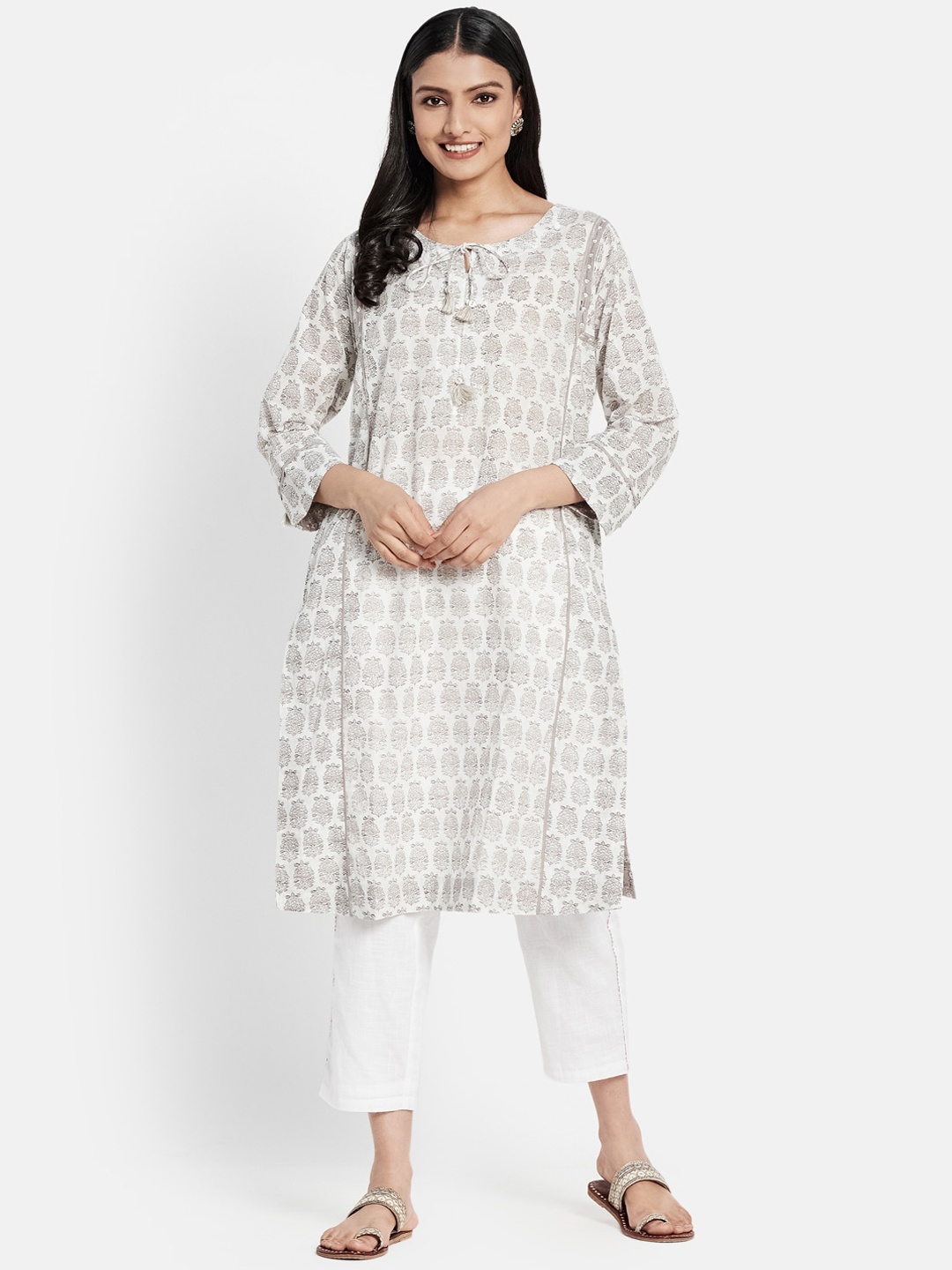 

Fabindia Women White Ethnic Motifs Printed Keyhole Neck Kurta