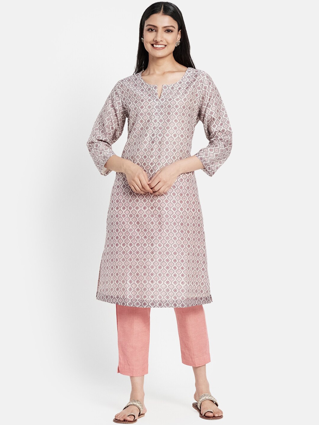 

Fabindia Women Beige & Pink Ethnic Motifs Printed Kurta