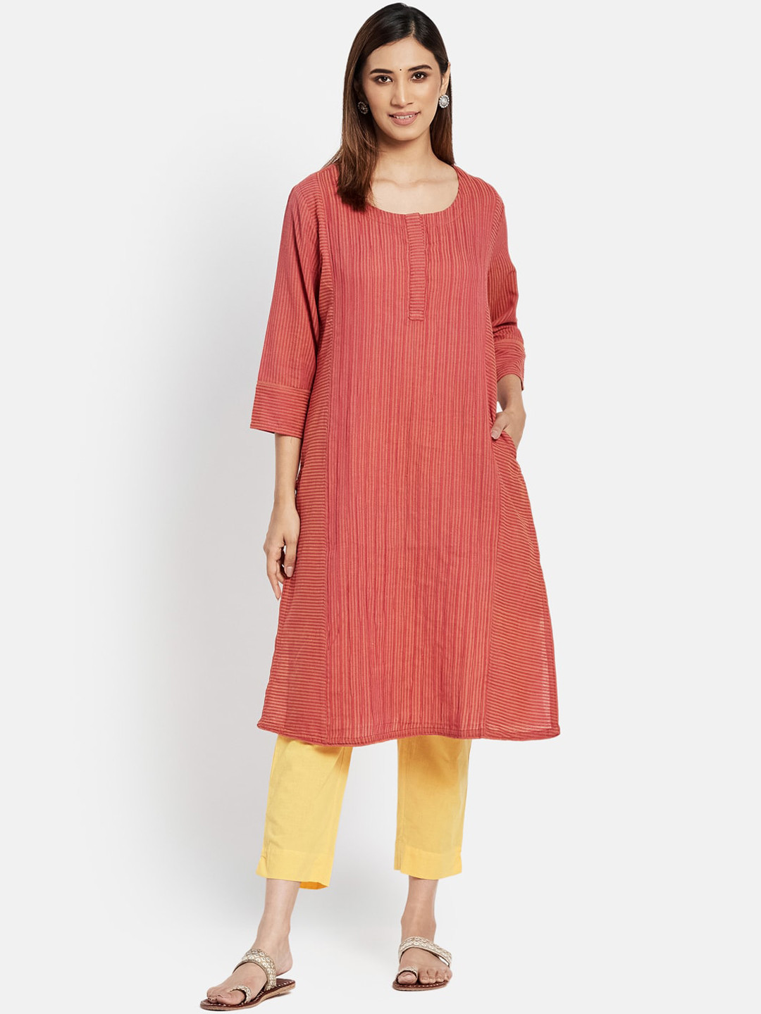 

Fabindia Women Orange Striped Kurta