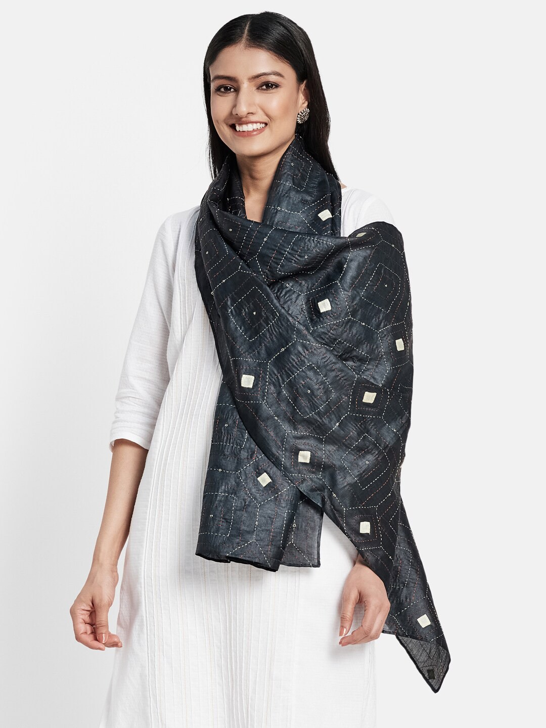 

Fabindia Women Black & White Embroidered Stole