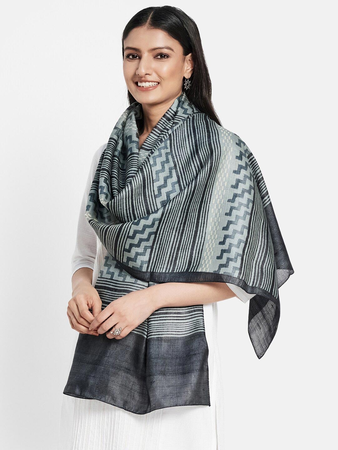

Fabindia Women Grey & White Printed Stole