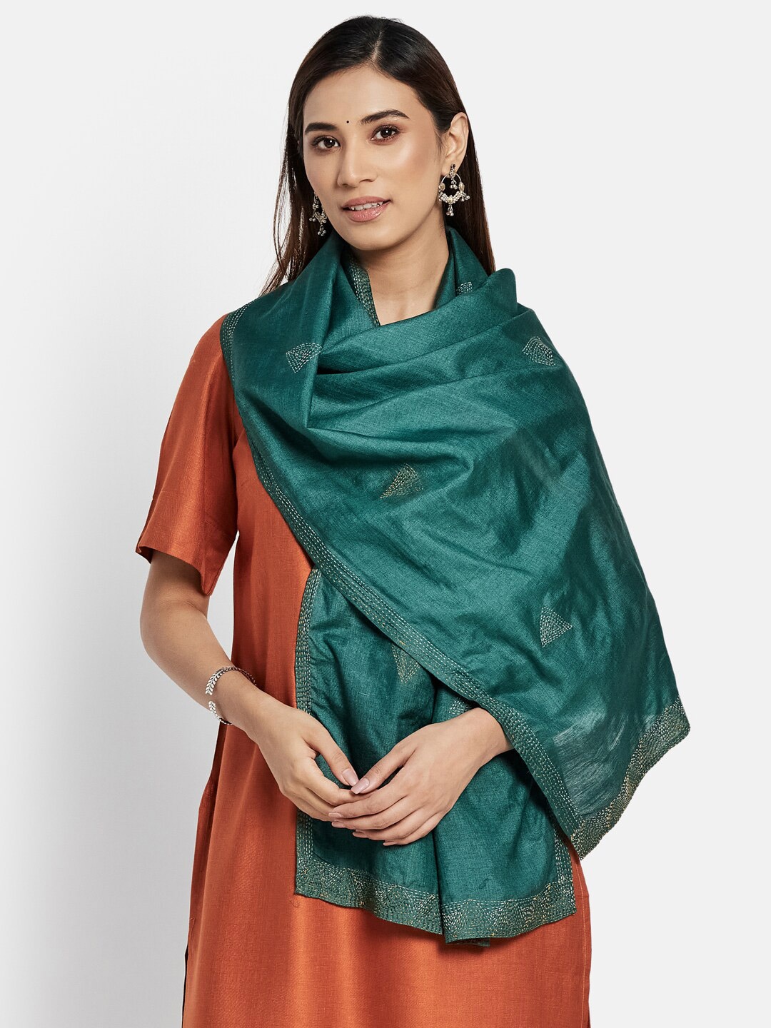 

Fabindia Women Green & White Embroidered Stole