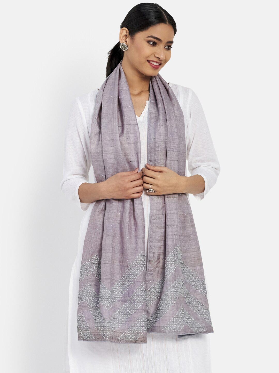 

Fabindia Women Grey & White Embroidered Stole