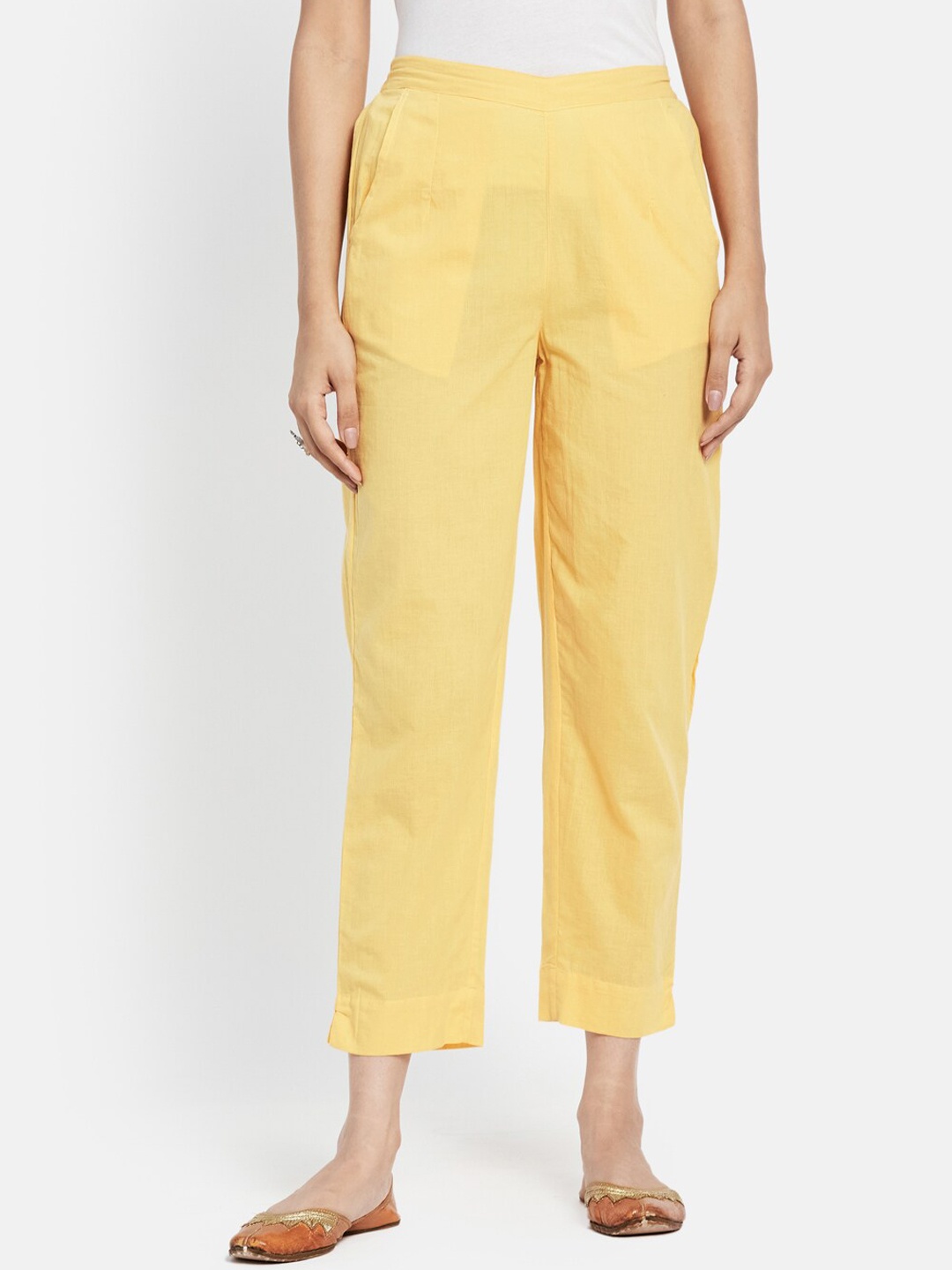 

Fabindia Women Yellow Textured Trousers