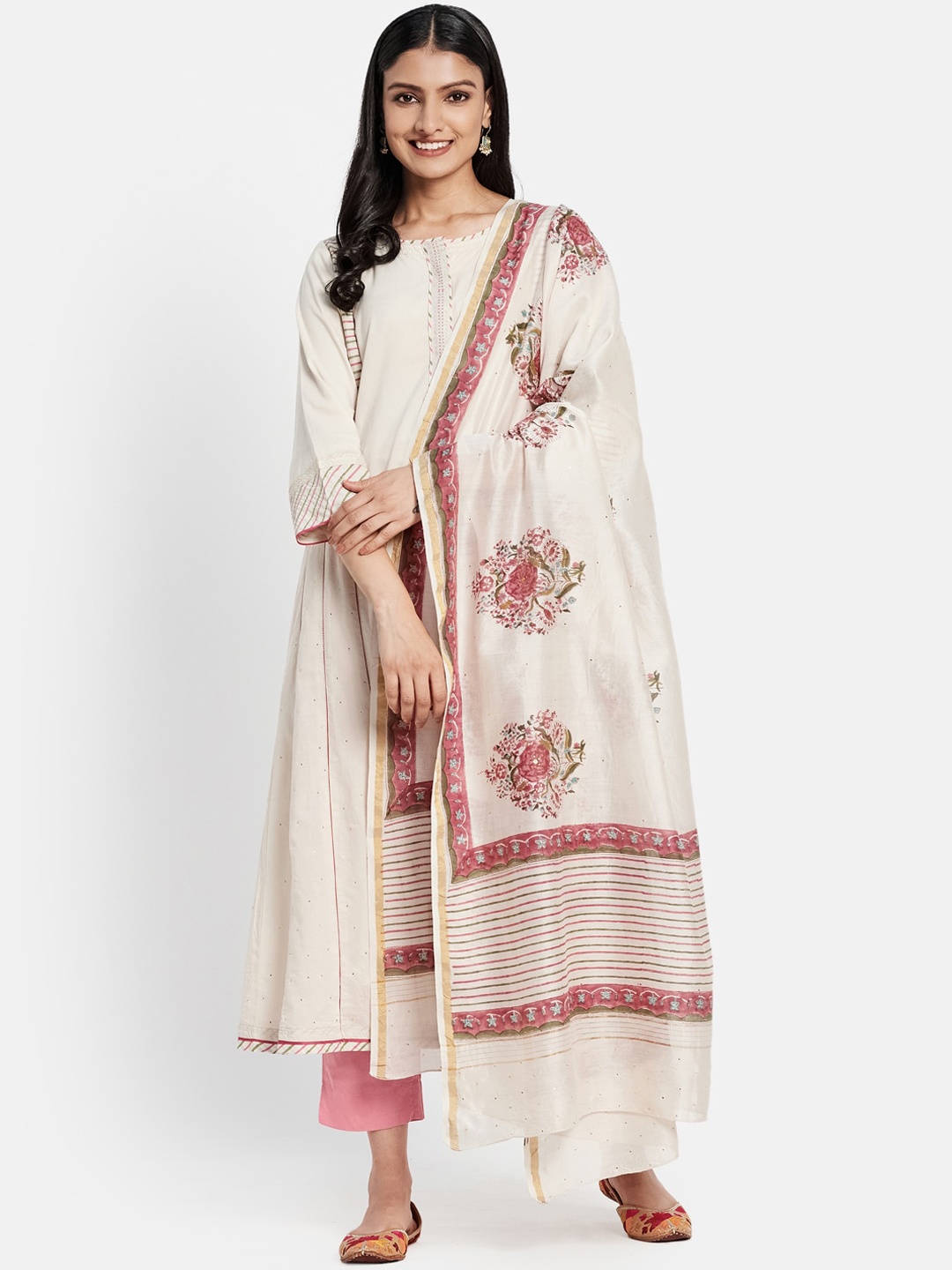 

Fabindia Women Off White Striped Pure Cotton Kurta with Trousers & With Dupatta
