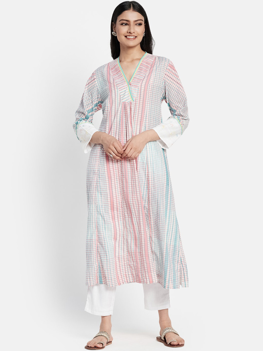 

Fabindia Pure Cotton Checked Kurta With Trouser, Peach