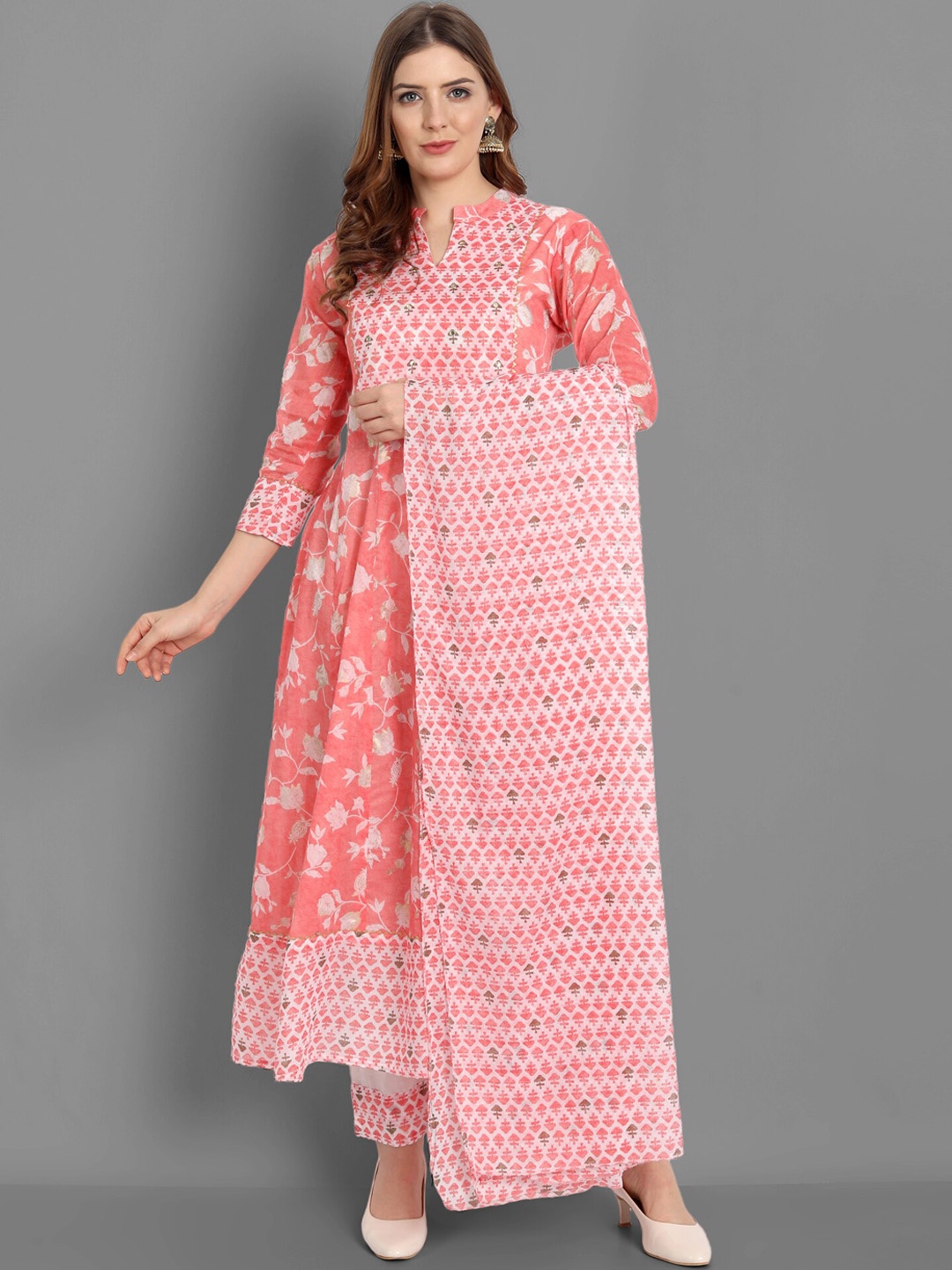 

SINGNI Women Peach Ethnic Motifs Printed Pure Cotton Kurta with Trousers & With Dupatta