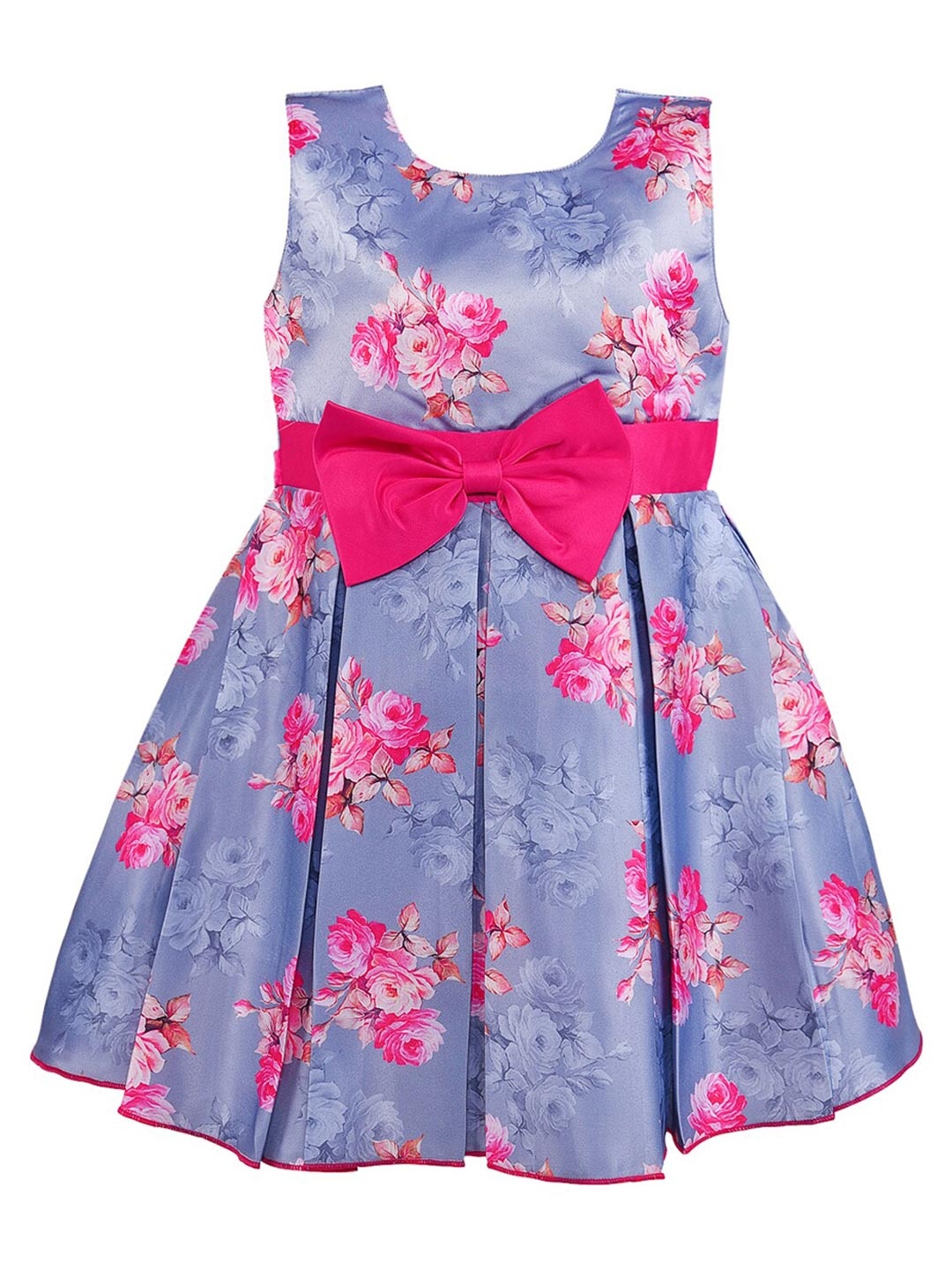 

Wish Karo Girls Blue & Pink Floral Printed Satin Fit & Flare Dress