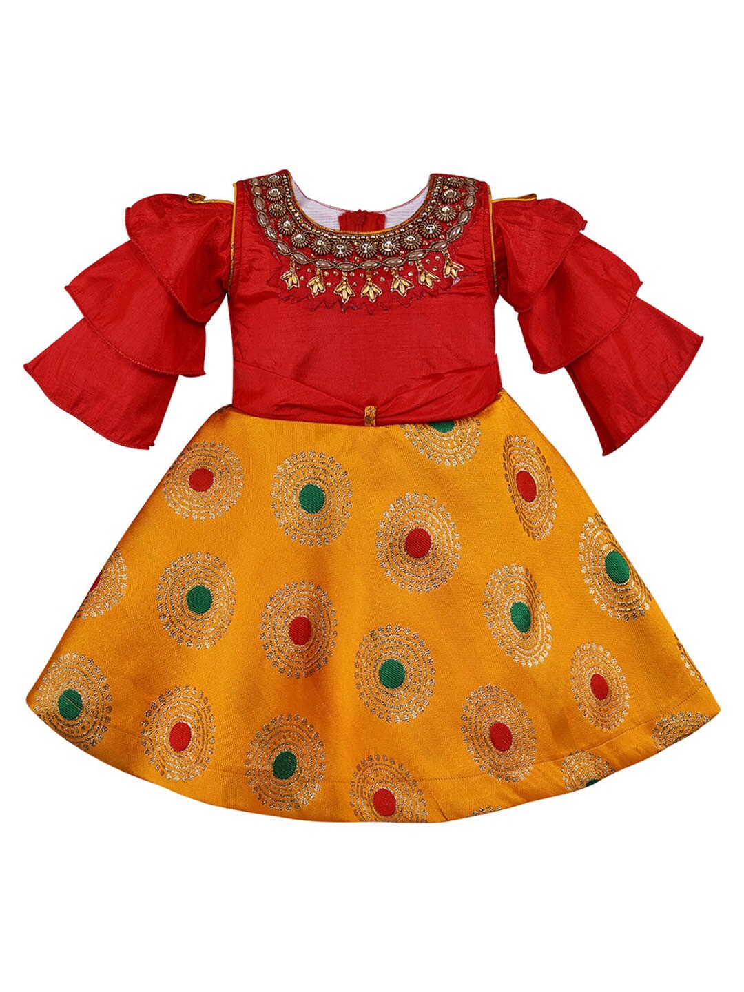 

Wish Karo Yellow & Red Floral Satin Dress