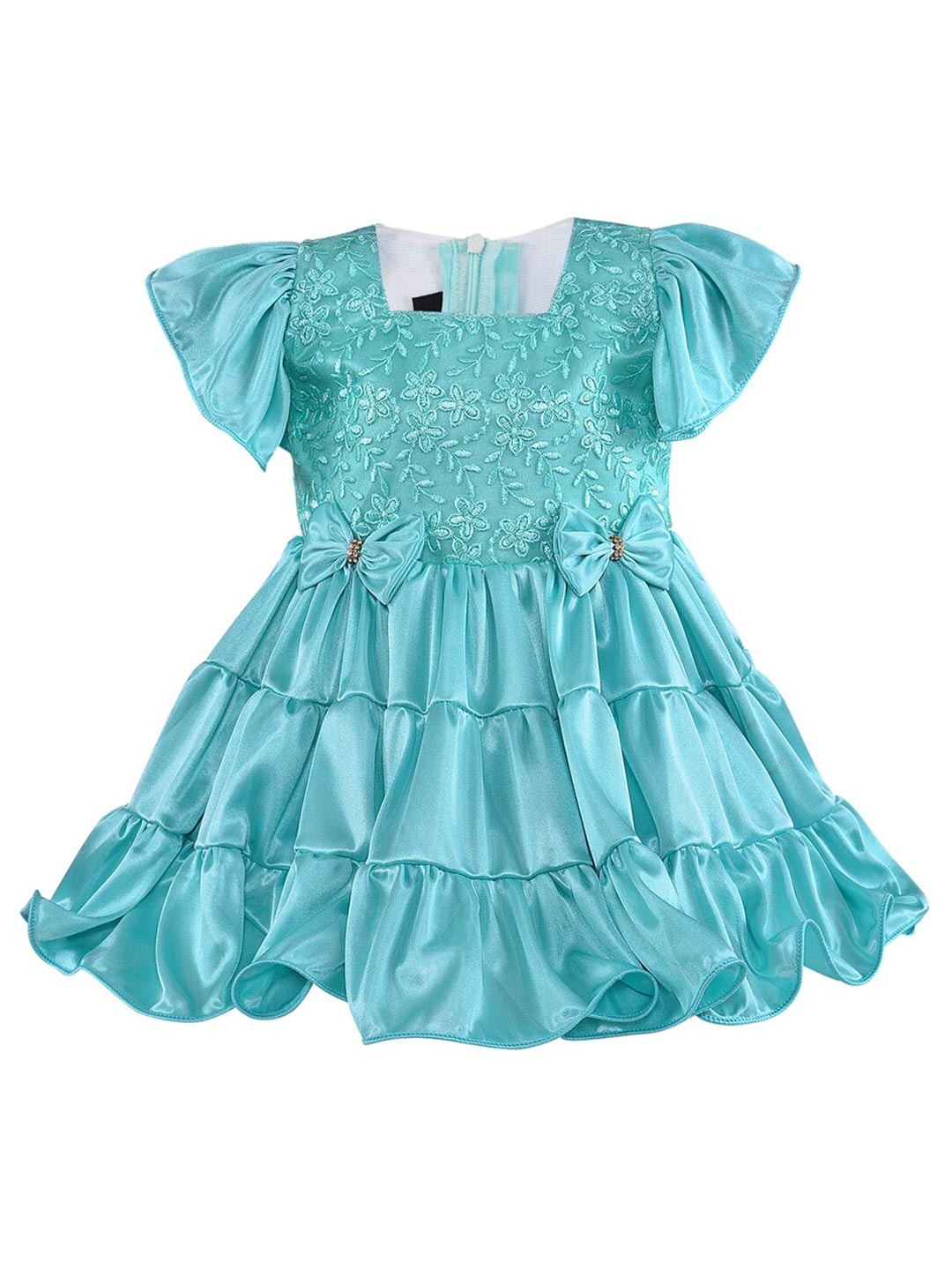 

Wish Karo Girls Sea Green Floral Tiered Satin Dress