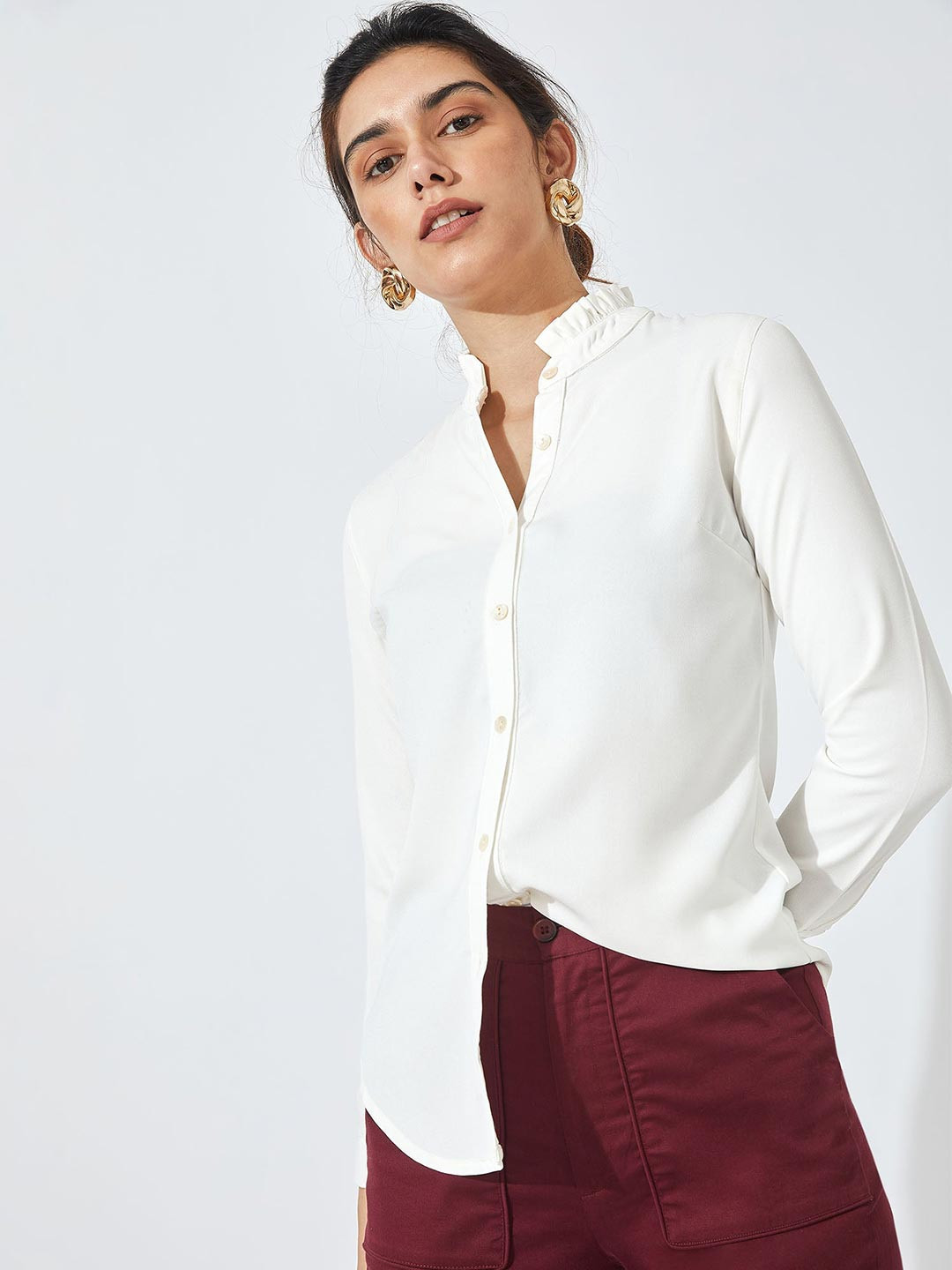 

The Label Life Women White Ruffle Neck Shirt