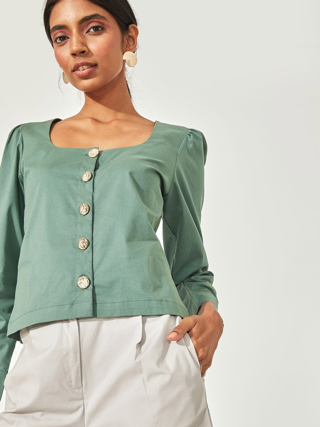 

The Label Life Women Green Comfort Square Neck Casual Shirt