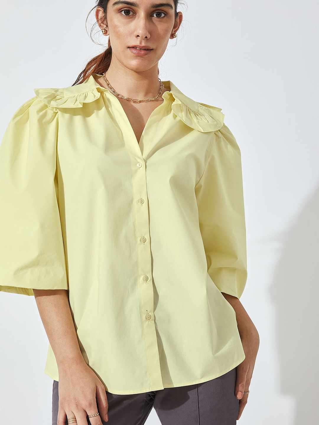 

The Label Life Women Yellow Balloon Sleeve Shirt