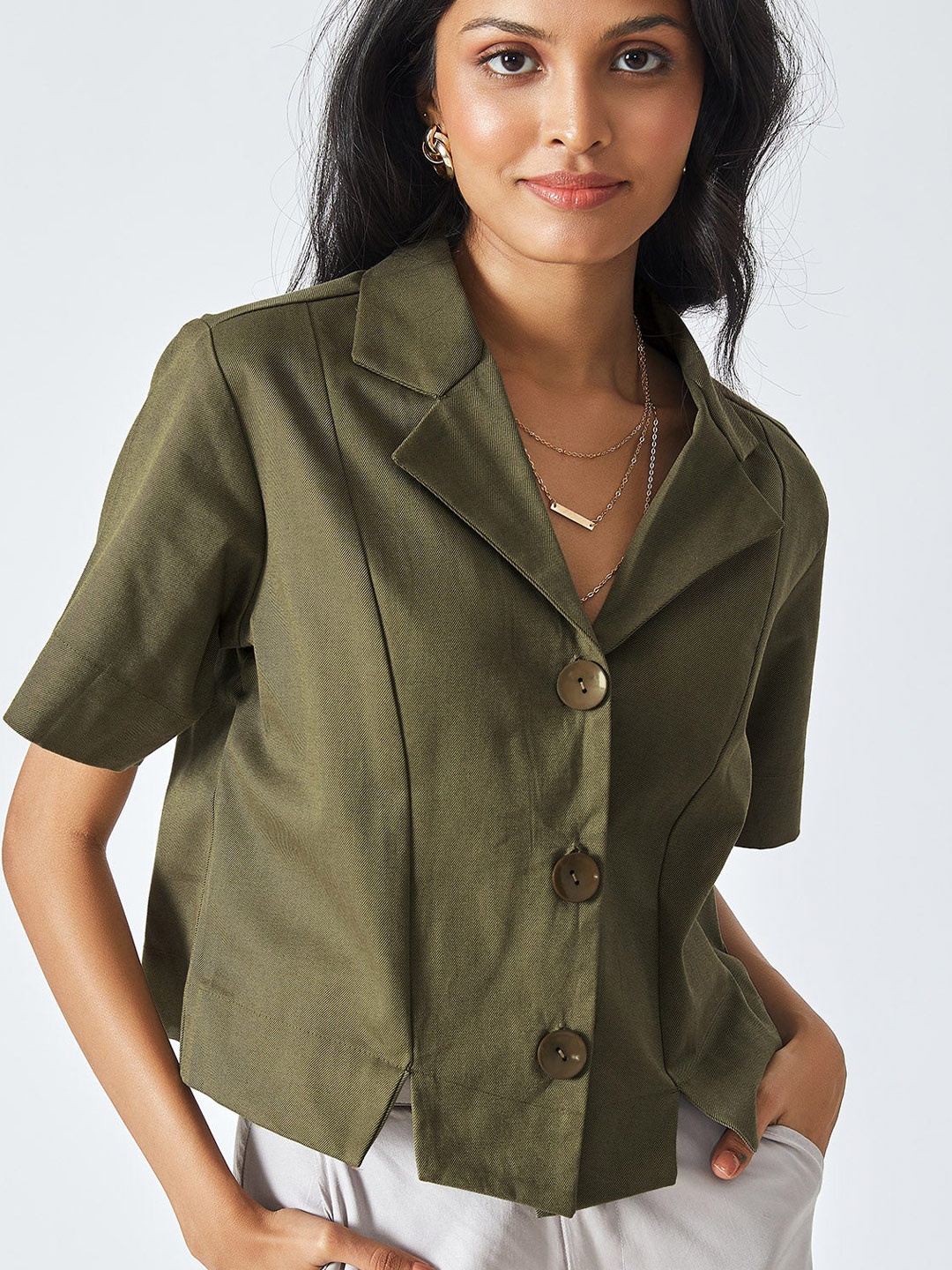 

The Label Life Women Green Comfort Lapel Collar Casual Shirt