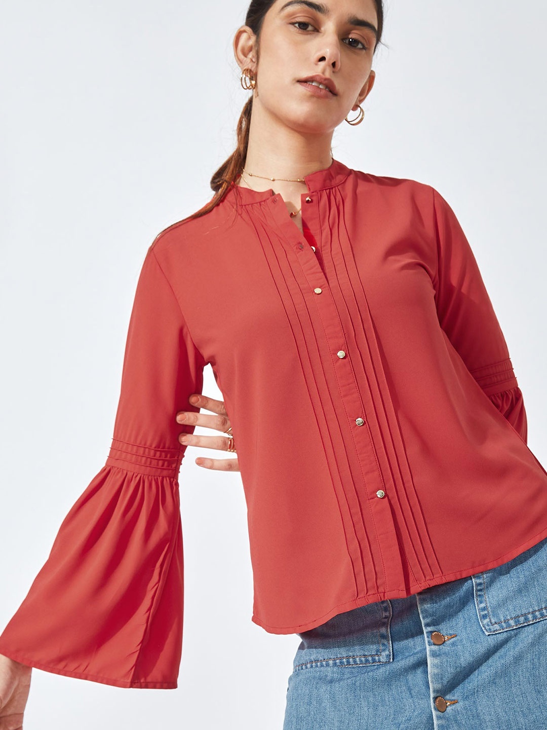 

The Label Life Women Red Comfort Scarlet Pleated Casual Shirt