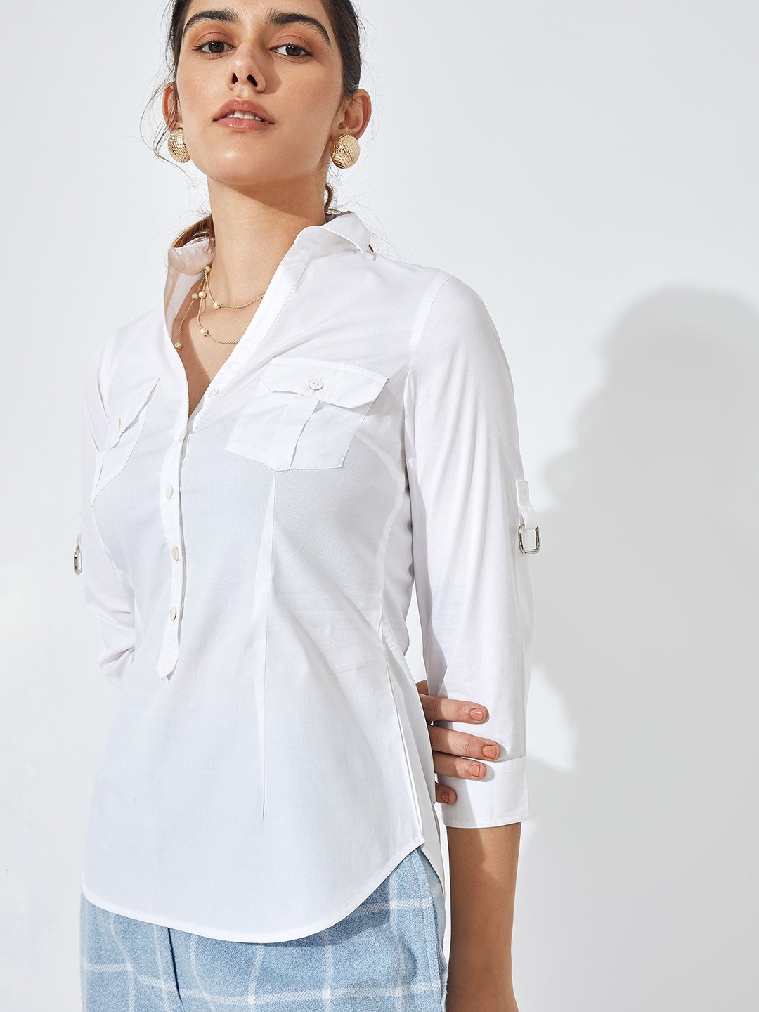 

The Label Life Women White Double Pocket Rolled Up Shirt