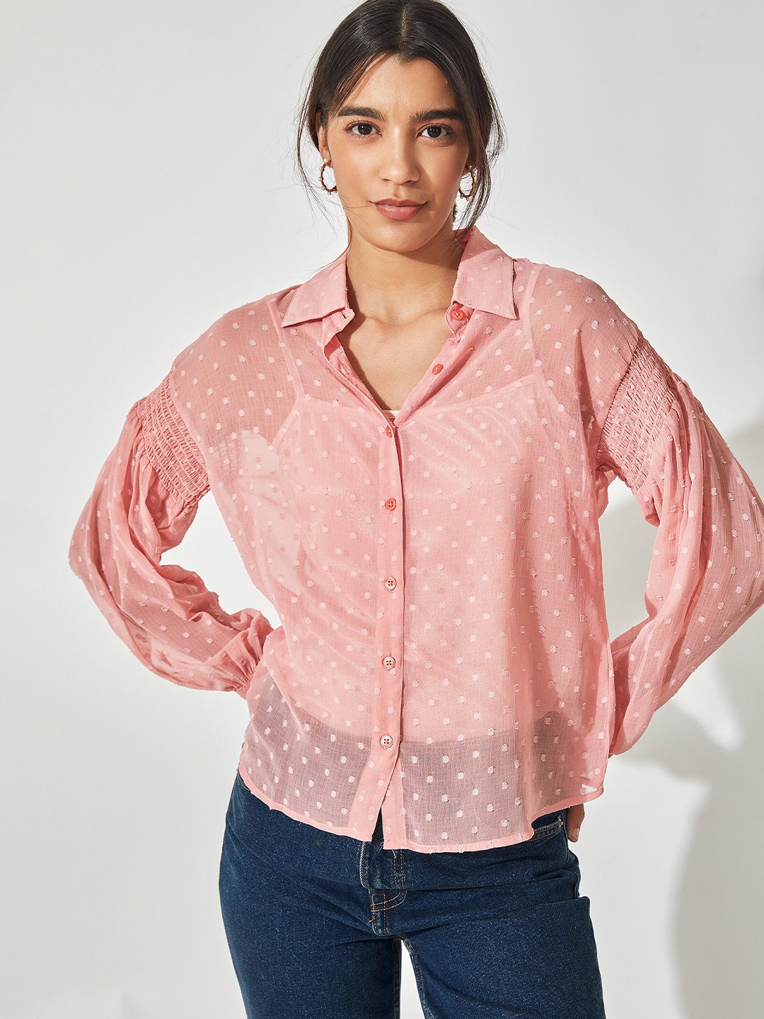 

The Label Life Women Blush Pink Smocked Sleeve Shirt