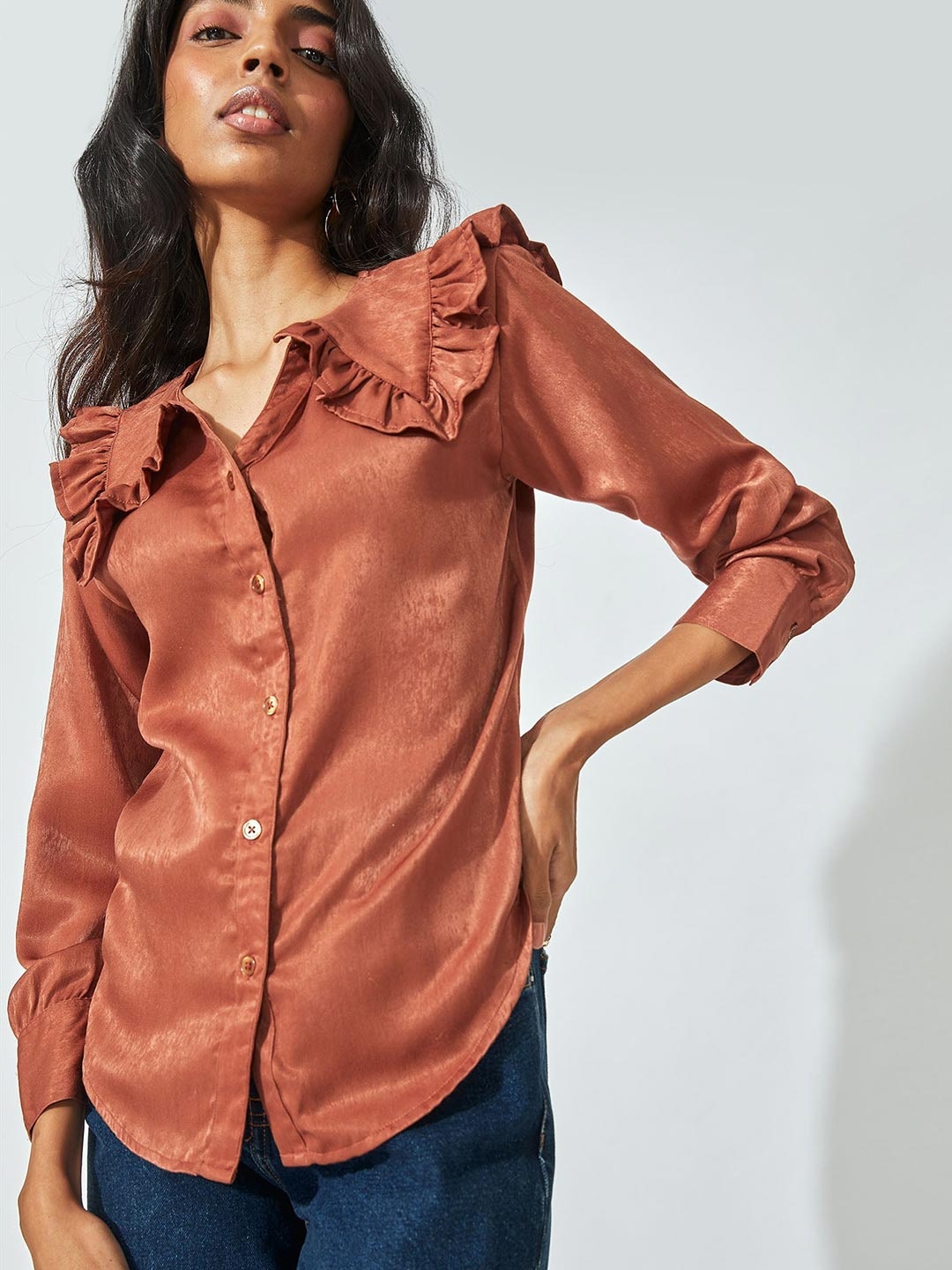 

The Label Life Women Brown Comfort Ruffle Collar Shirt Casual Shirt