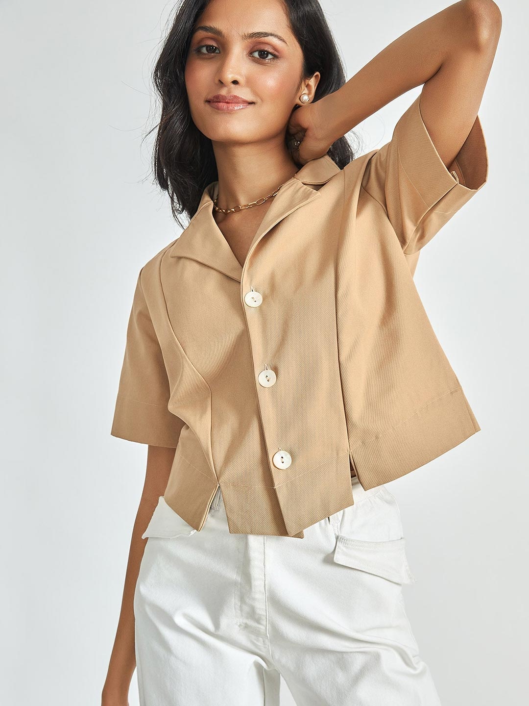 

The Label Life Women Beige Lapel Collar Shirt