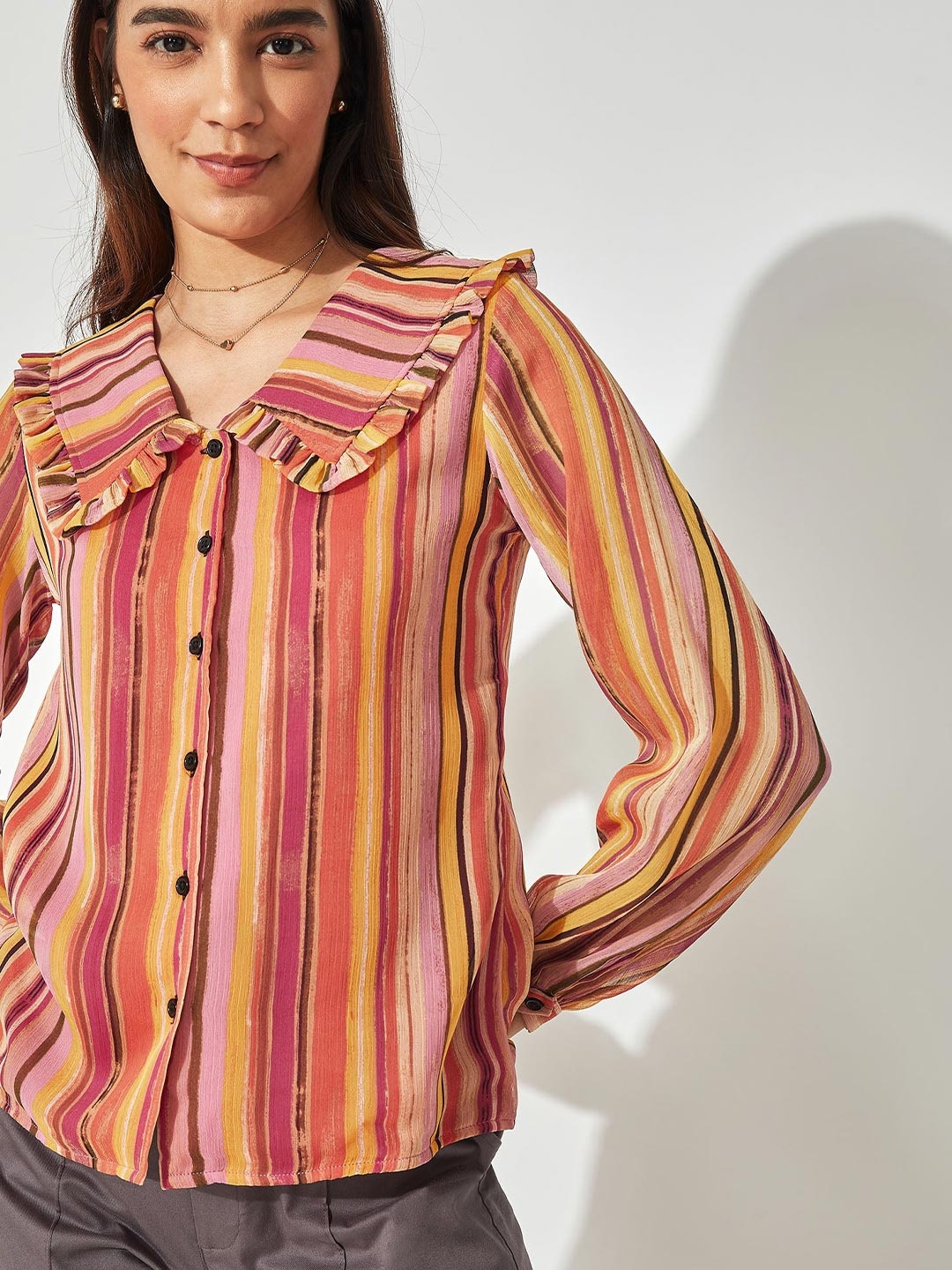 

The Label Life Women Multicoloured Comfort Striped Ruffle Collar Casual Shirt, Multi