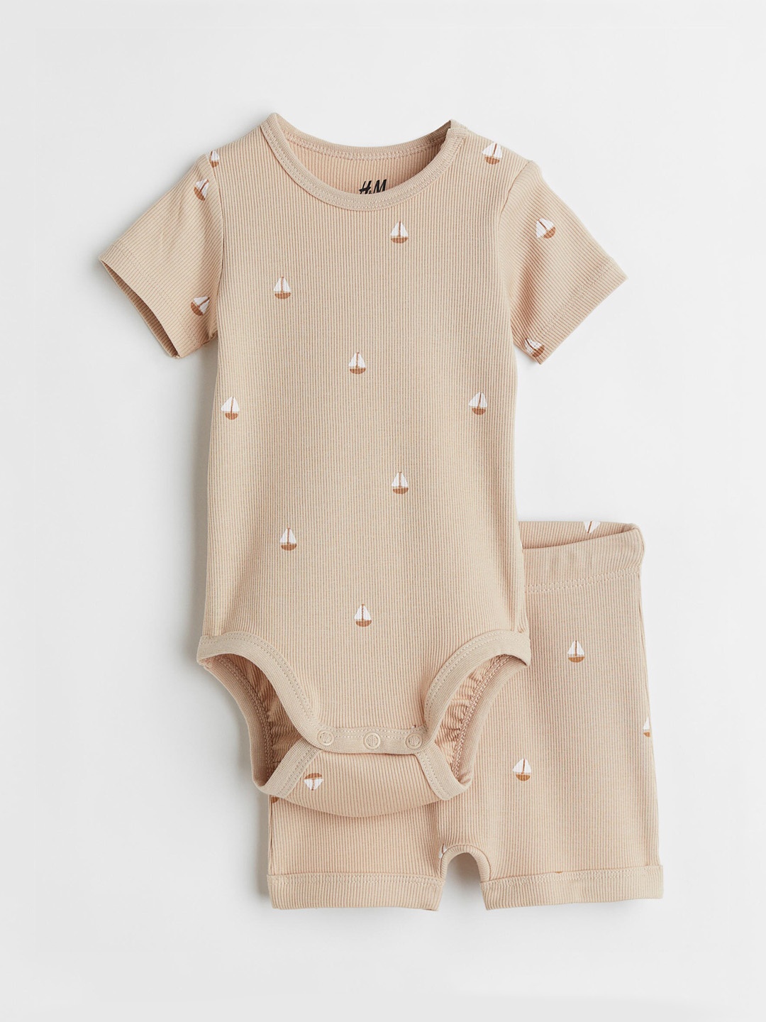 

H&M 2-Piece Bodysuit And Shorts Set, Beige