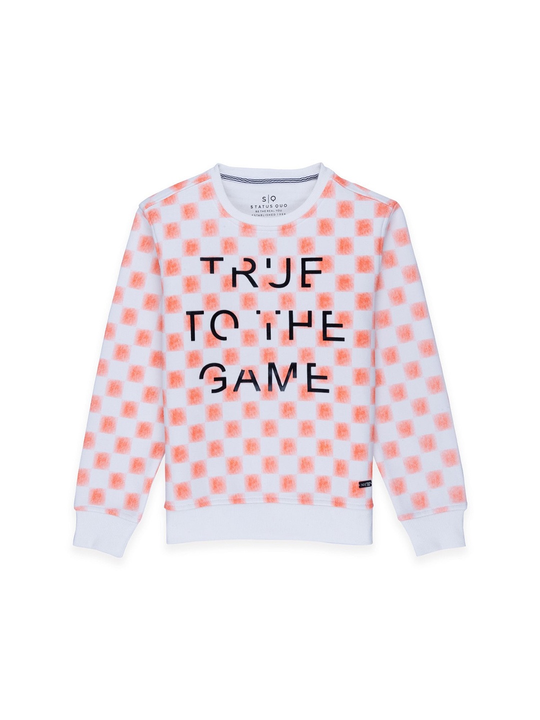 

Status Quo Boys White and Orange Typography Printed Checks Sweatshirt
